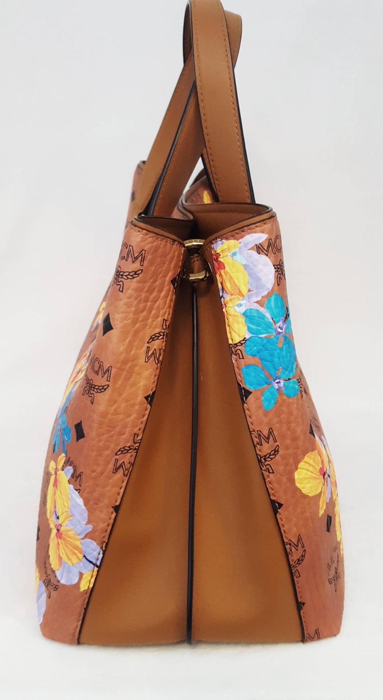 MCM Floral Cognac Tote Bag with Removable Shoulder Strap For Sale at