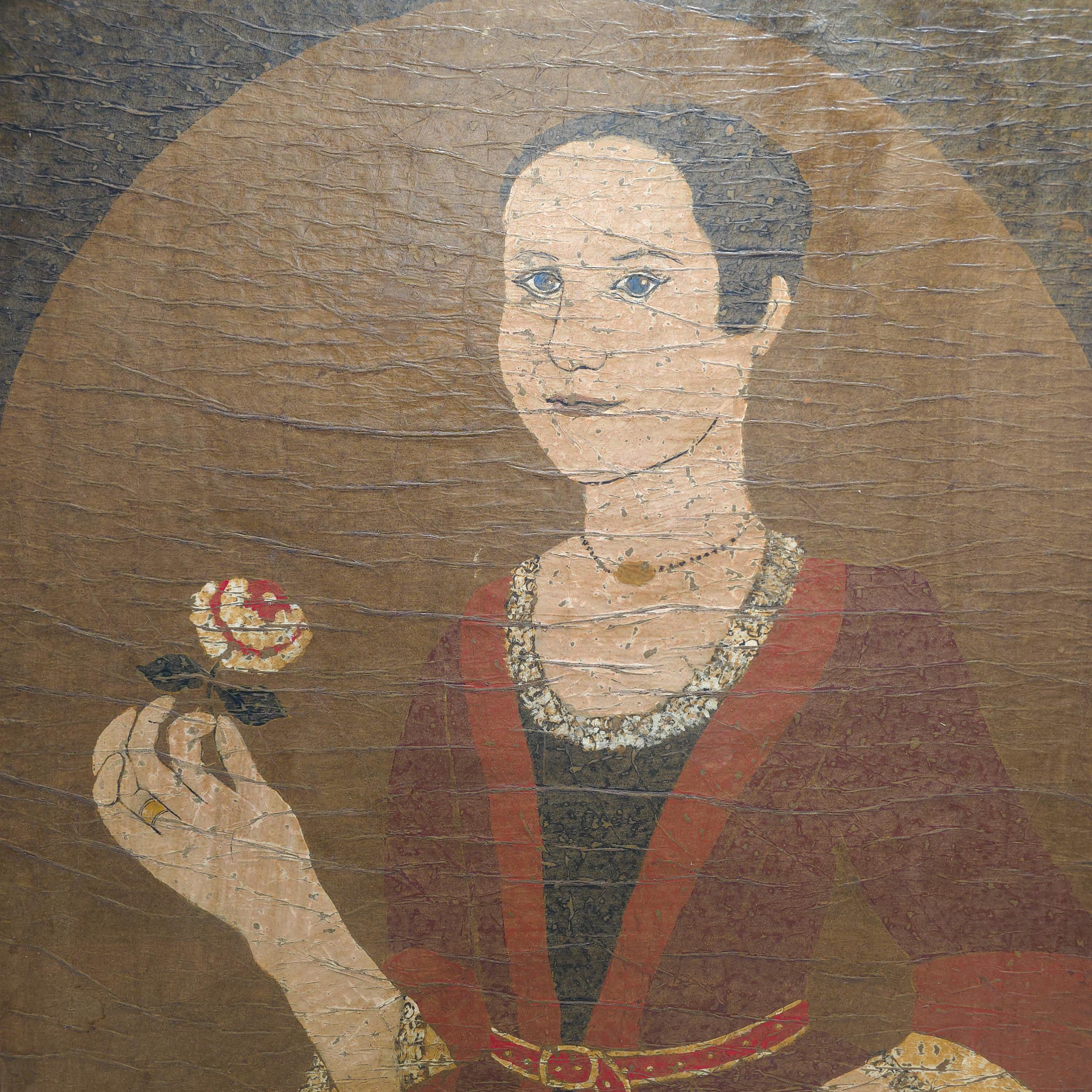 Mid-Century moderno Tentativo di pittura folkloristica MCM di donna coloniale
