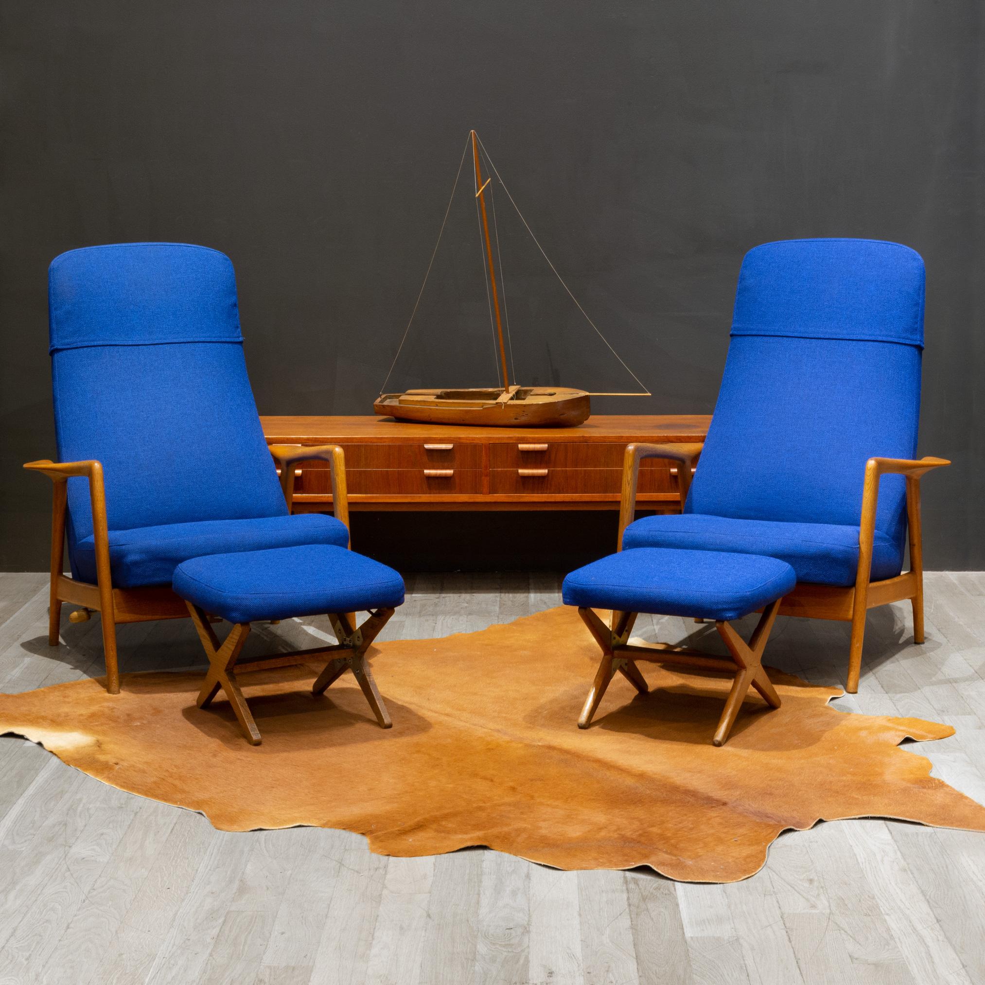 ABOUT

An original pair of Folke Ohlsson for DUX Teak reclining lounge chairs with adjustable ottomans. This sculptural chair features a spring tension mechanism that allows for rocking motion and different locking reclining positions. The