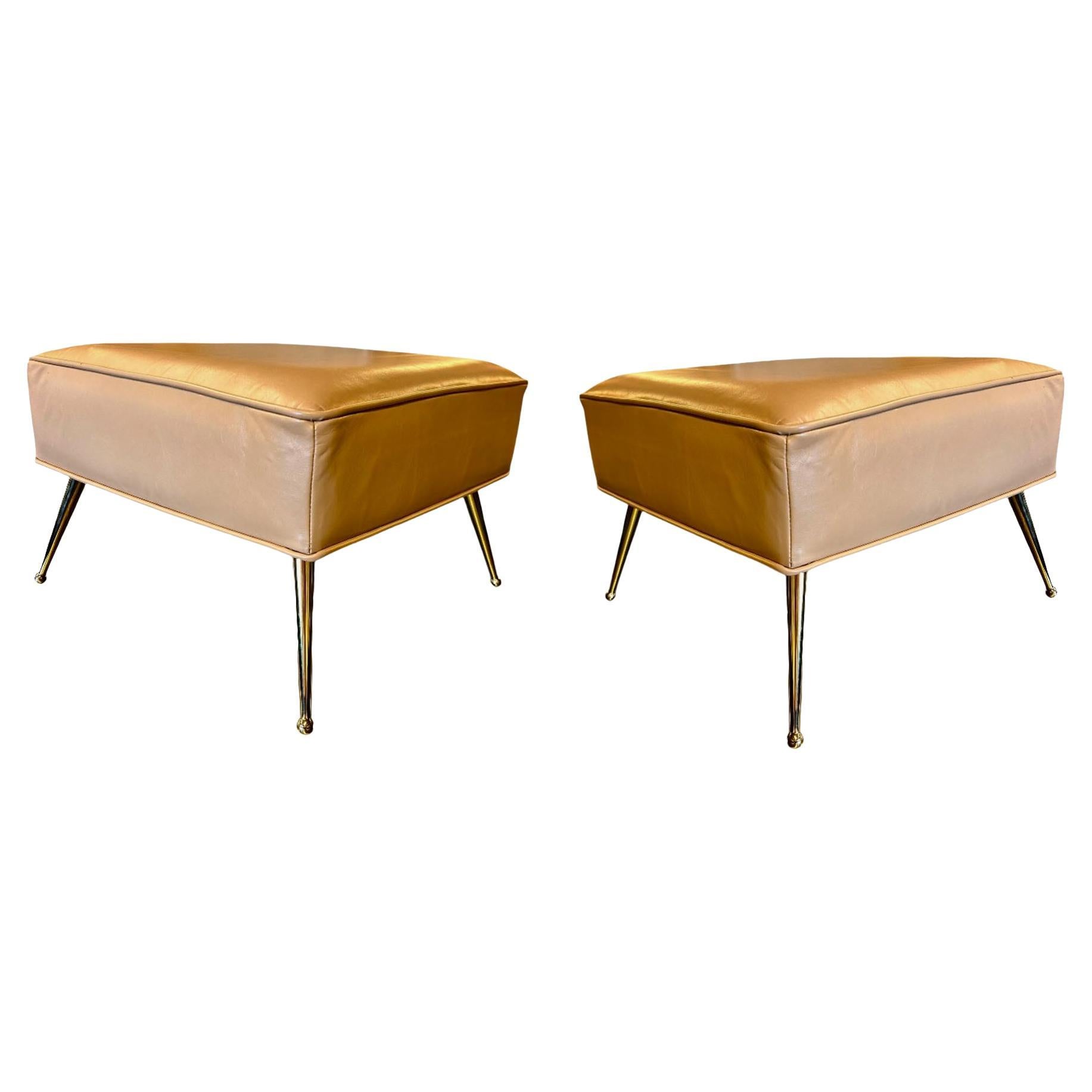 Mid-Century Modern MCM Foot Stool Pair in Italian Leather with Solid Brass Legs For Sale