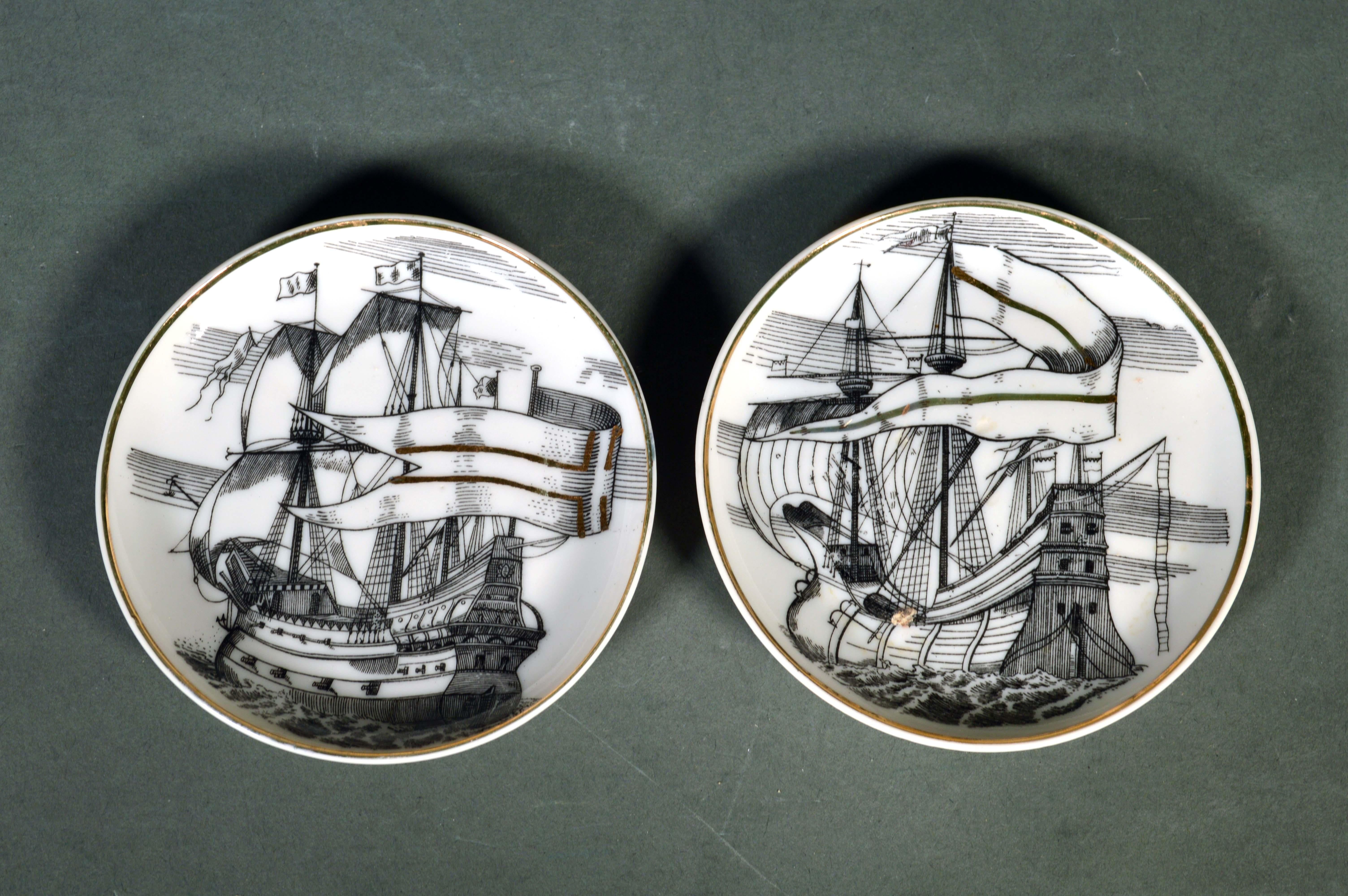 Mid-20th Century MCM Fornasetti-Style Coasters Tall Ships with Original Box, Velieri Pattern