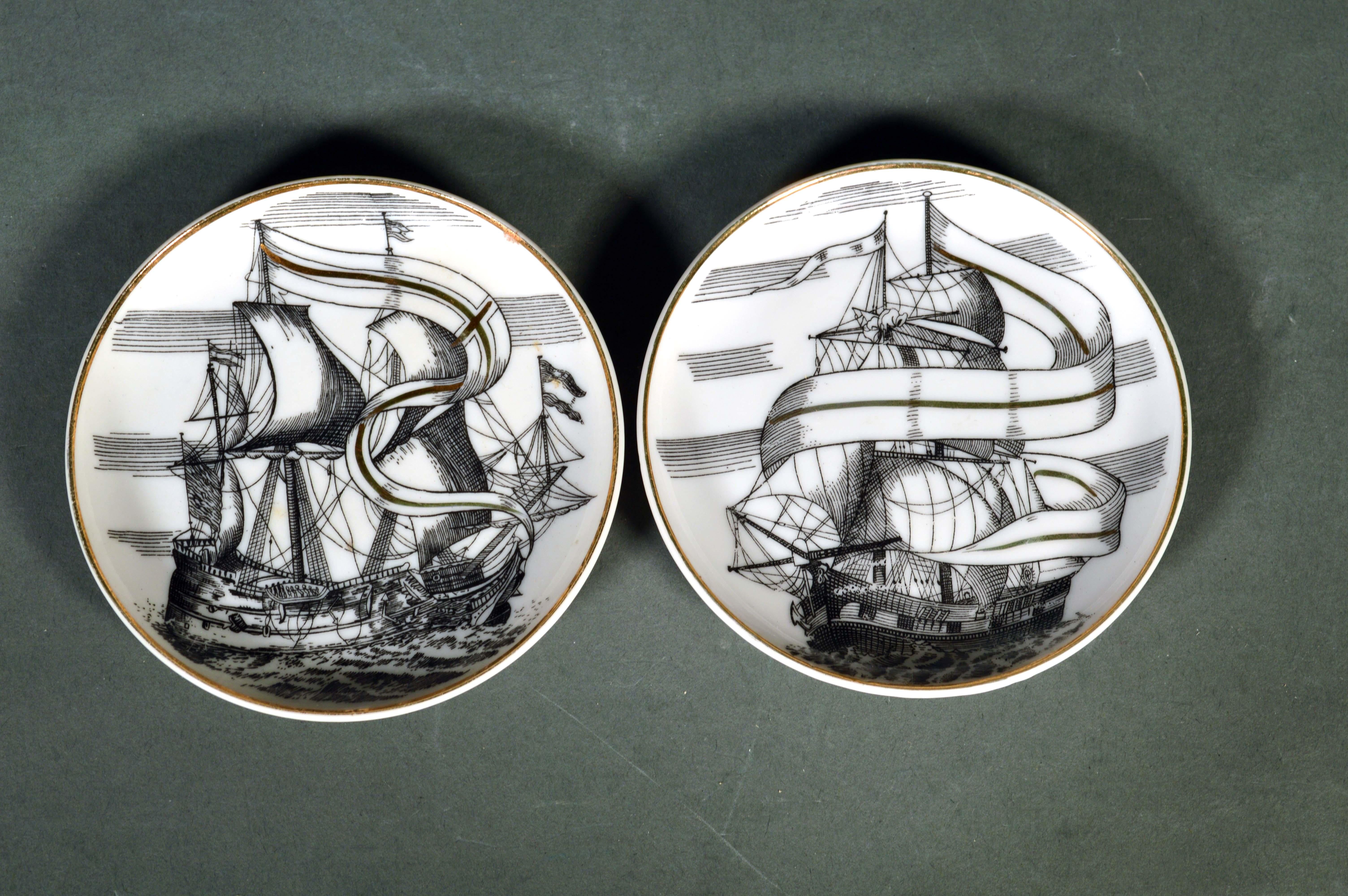Porcelain MCM Fornasetti-Style Coasters Tall Ships with Original Box, Velieri Pattern