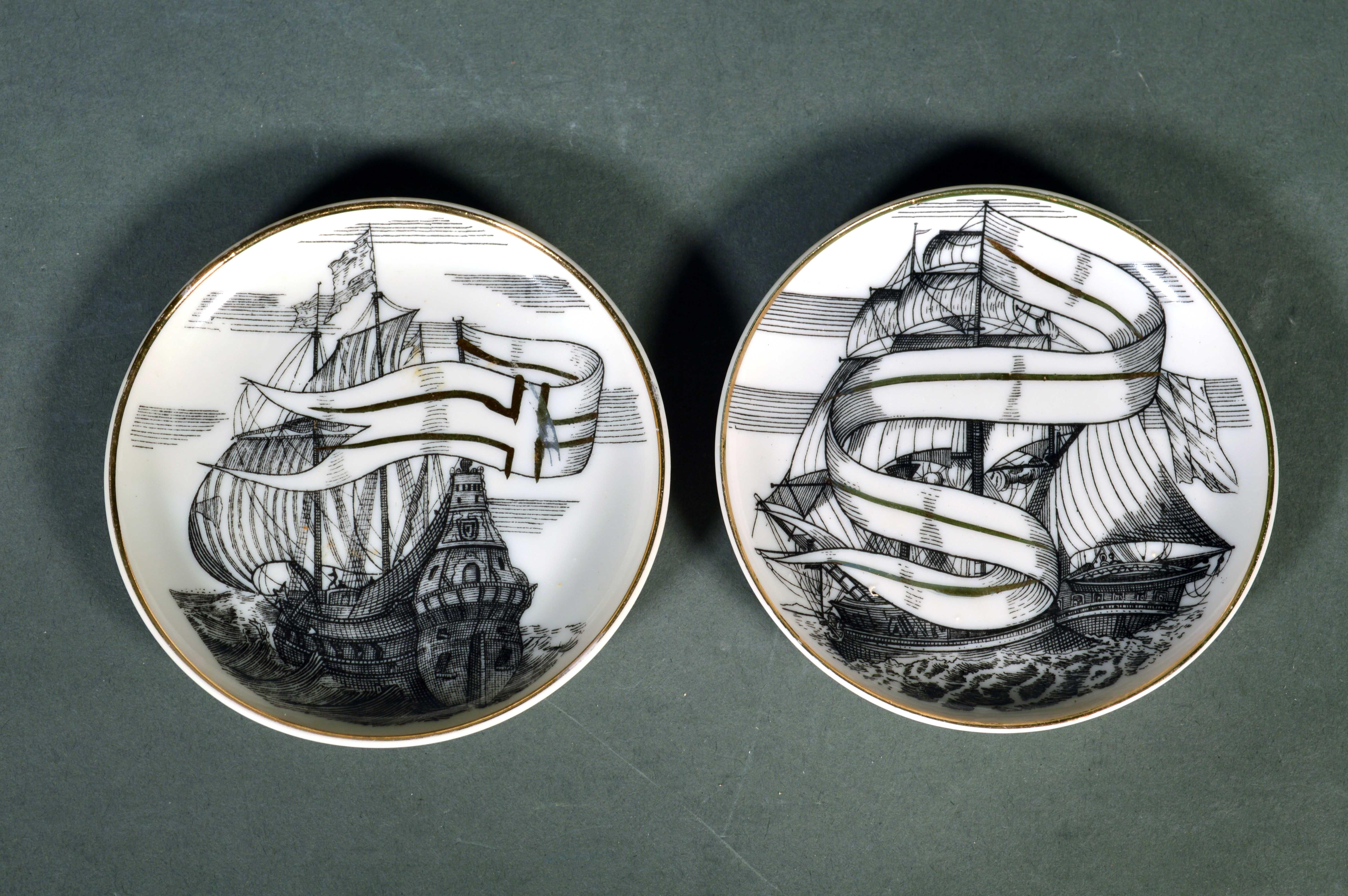 MCM Fornasetti-Style Coasters Tall Ships with Original Box, Velieri Pattern 1