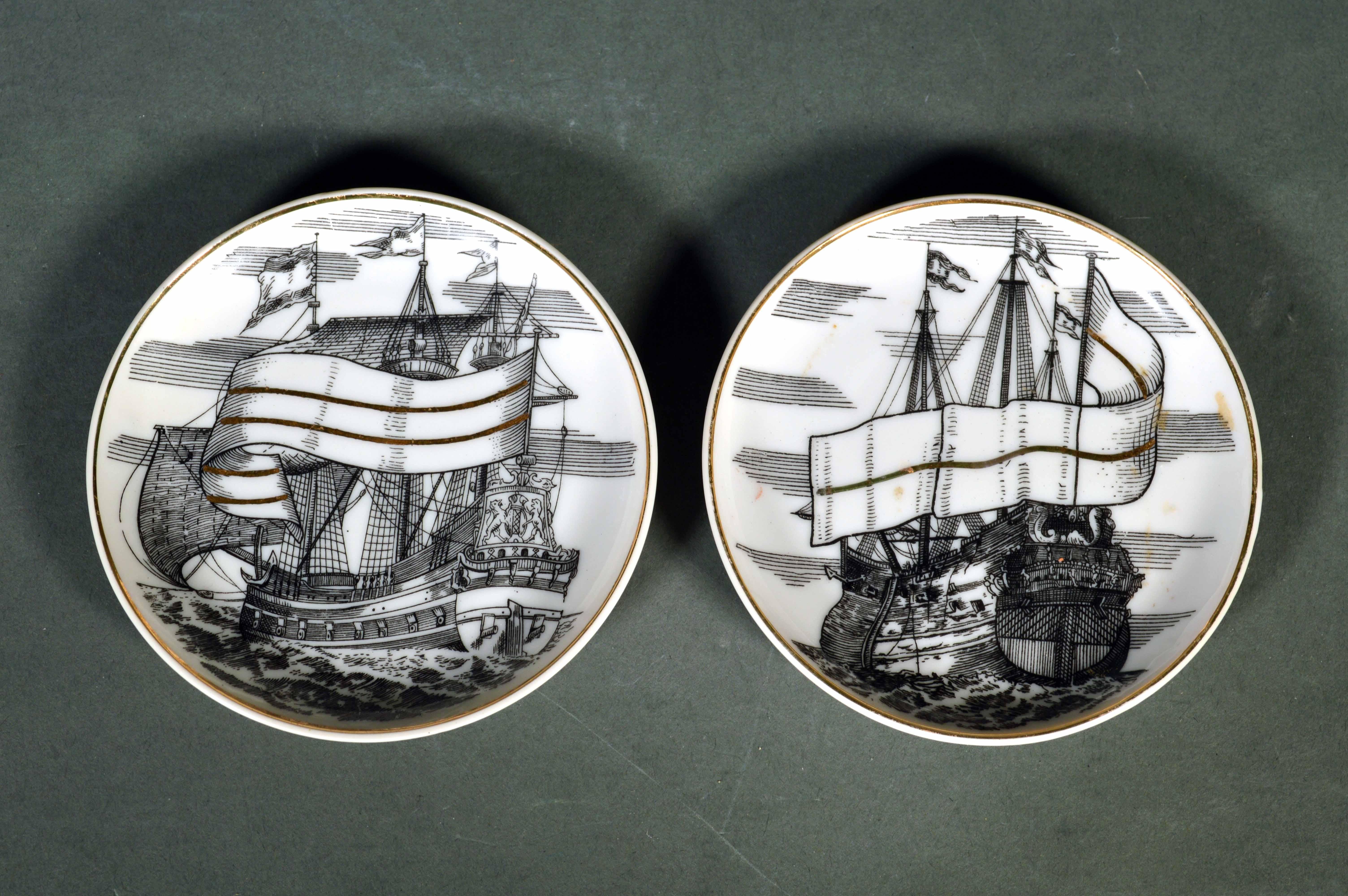 MCM Fornasetti-Style Coasters Tall Ships with Original Box, Velieri Pattern 2