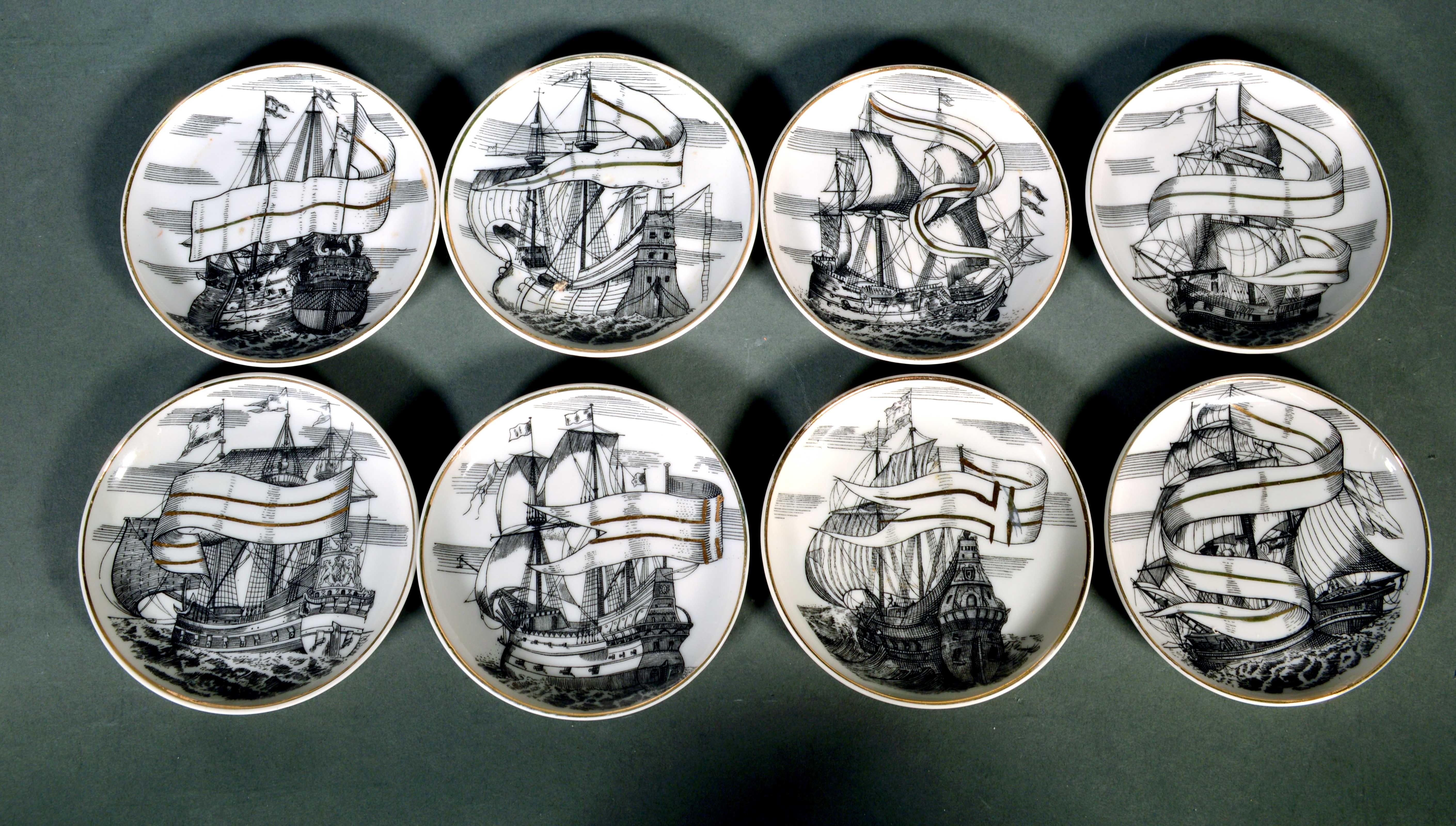 MCM Fornasetti-Style Coasters Tall Ships with Original Box, Velieri Pattern 3