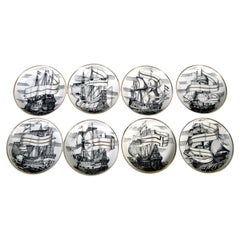 MCM Fornasetti-Style Coasters Tall Ships with Original Box, Velieri Pattern