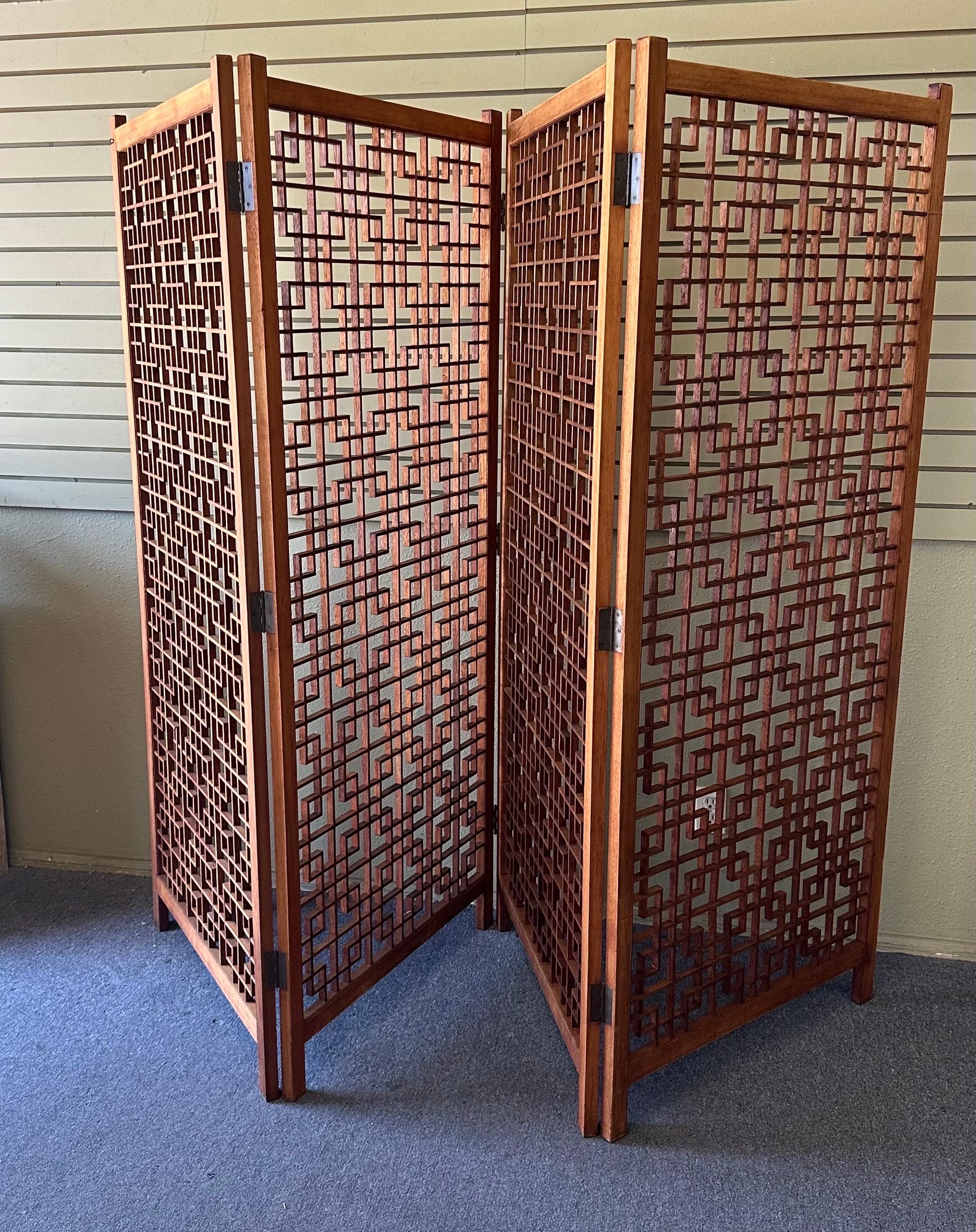 MCM Four Panel Teak Folding Screen with Square Lattice Design - Extra Wide For Sale 9
