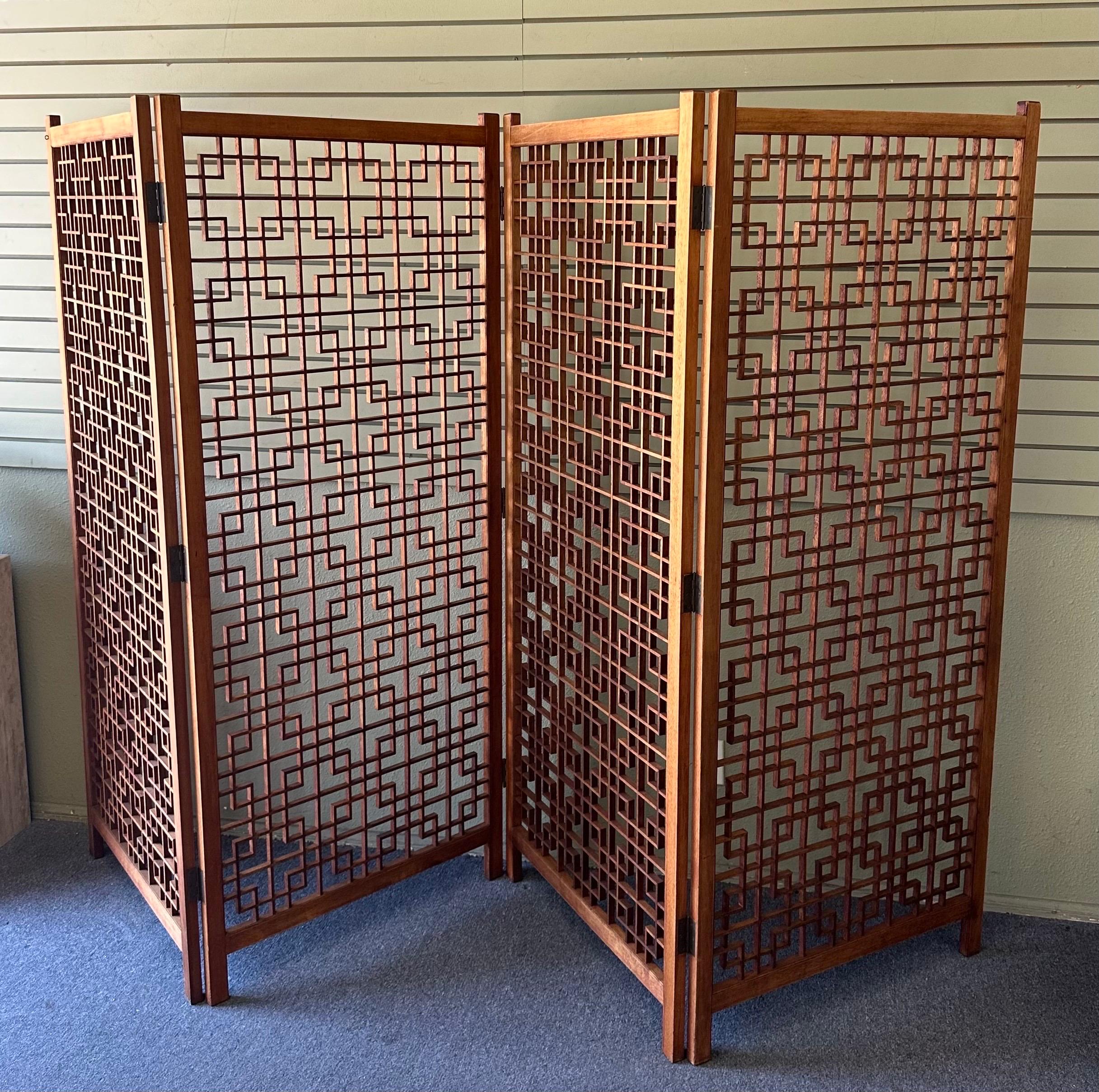 MCM Four Panel Teak Folding Screen with Square Lattice Design - Extra Wide For Sale 10