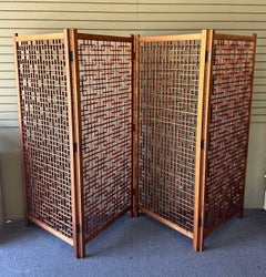 MCM Four Panel Teak Folding Screen with Square Lattice Design - Extra Wide