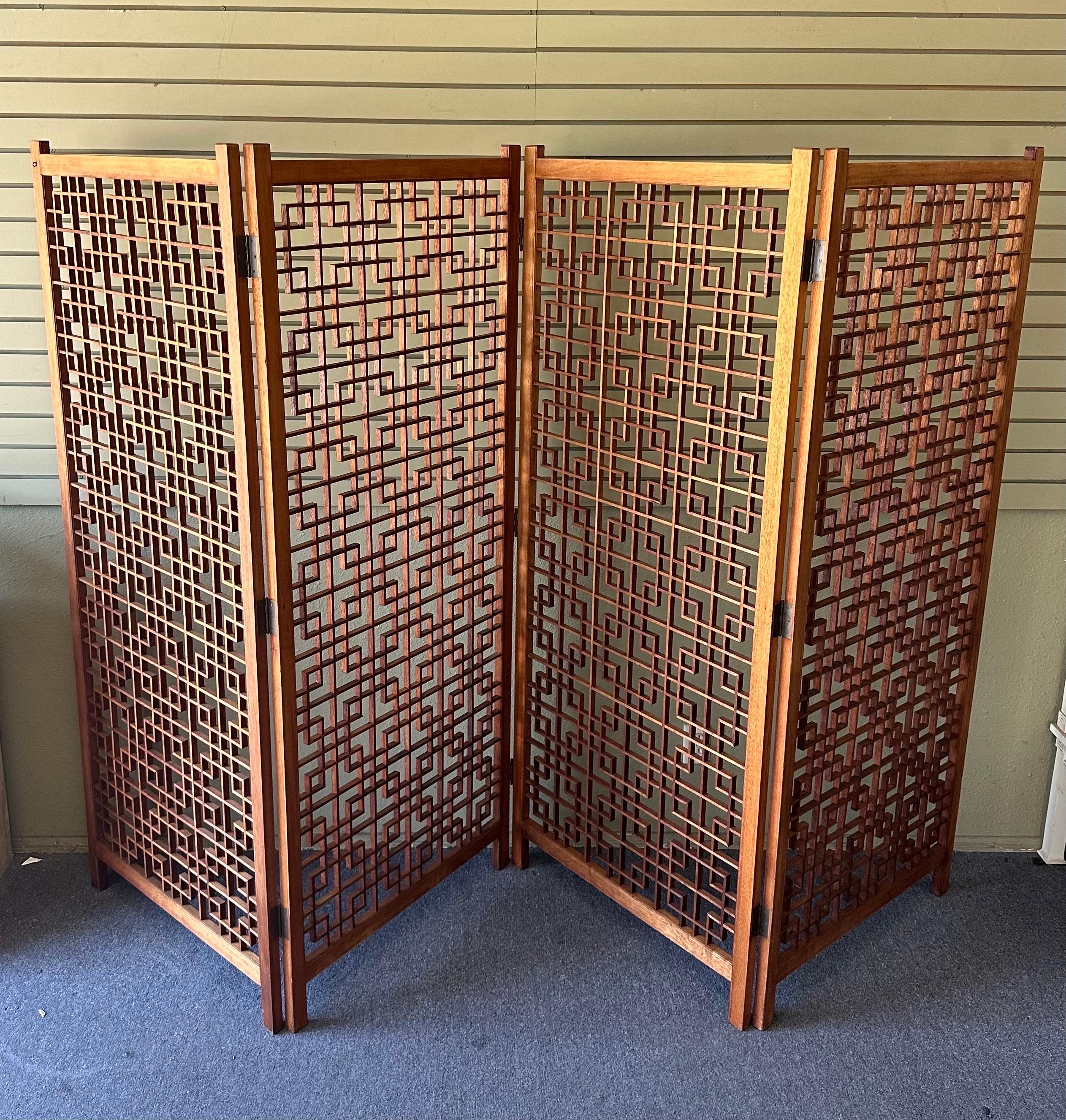 Mid-Century Modern MCM Four Panel Teak Folding Screen with Square Lattice Design - Extra Wide For Sale