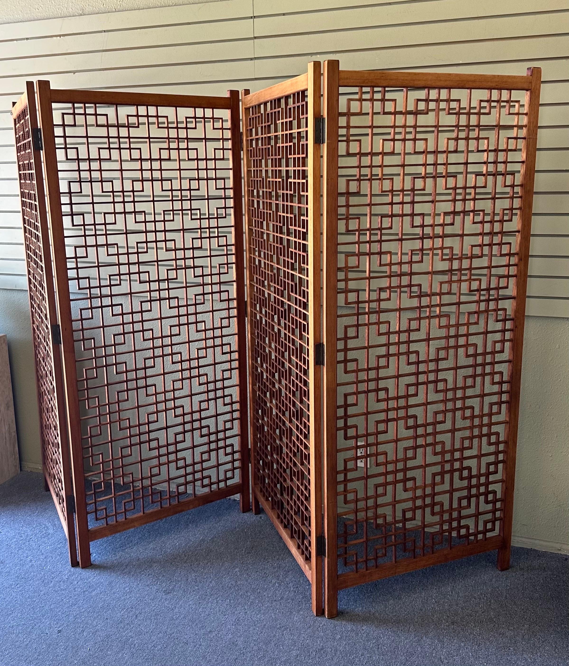 MCM Four Panel Teak Folding Screen with Square Lattice Design - Extra Wide In Good Condition For Sale In San Diego, CA