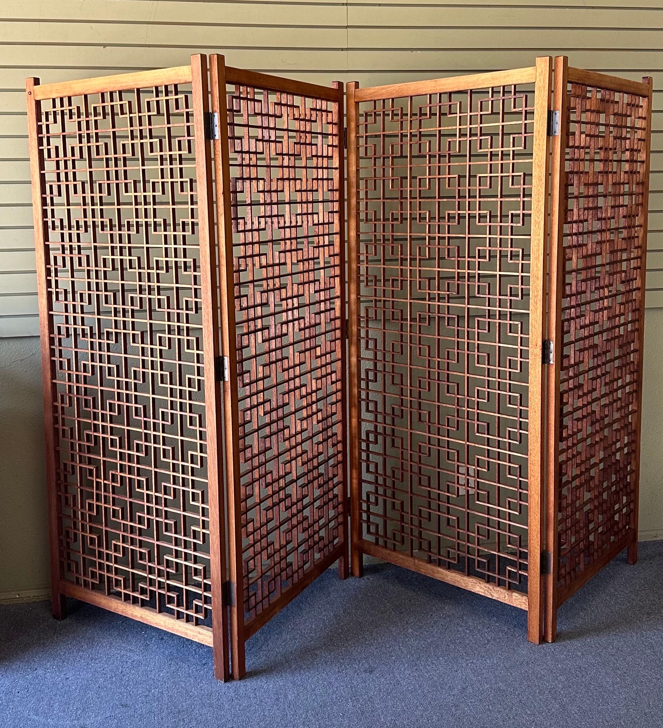 20th Century MCM Four Panel Teak Folding Screen with Square Lattice Design - Extra Wide For Sale