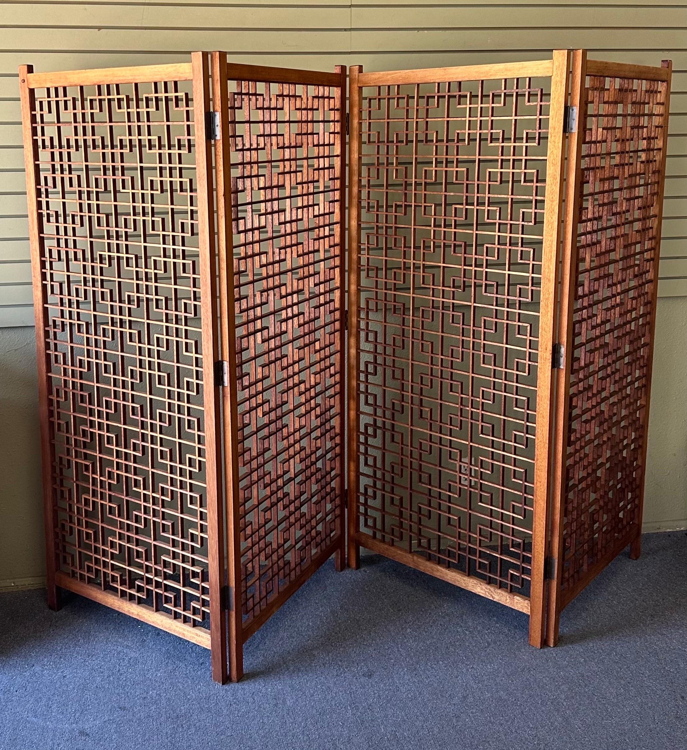 MCM Four Panel Teak Folding Screen with Square Lattice Design - Extra Wide In Good Condition For Sale In San Diego, CA