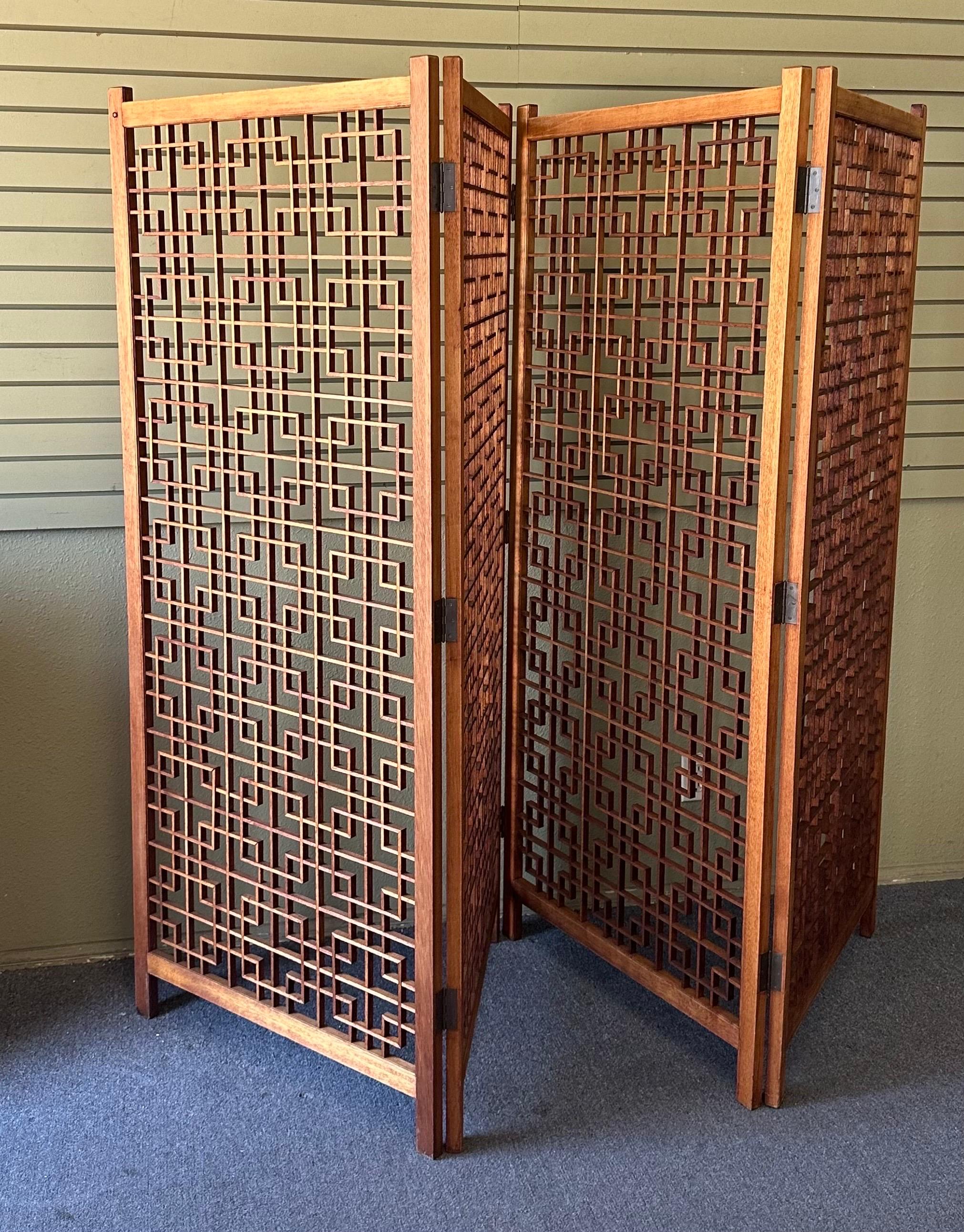 20th Century MCM Four Panel Teak Folding Screen with Square Lattice Design - Extra Wide For Sale
