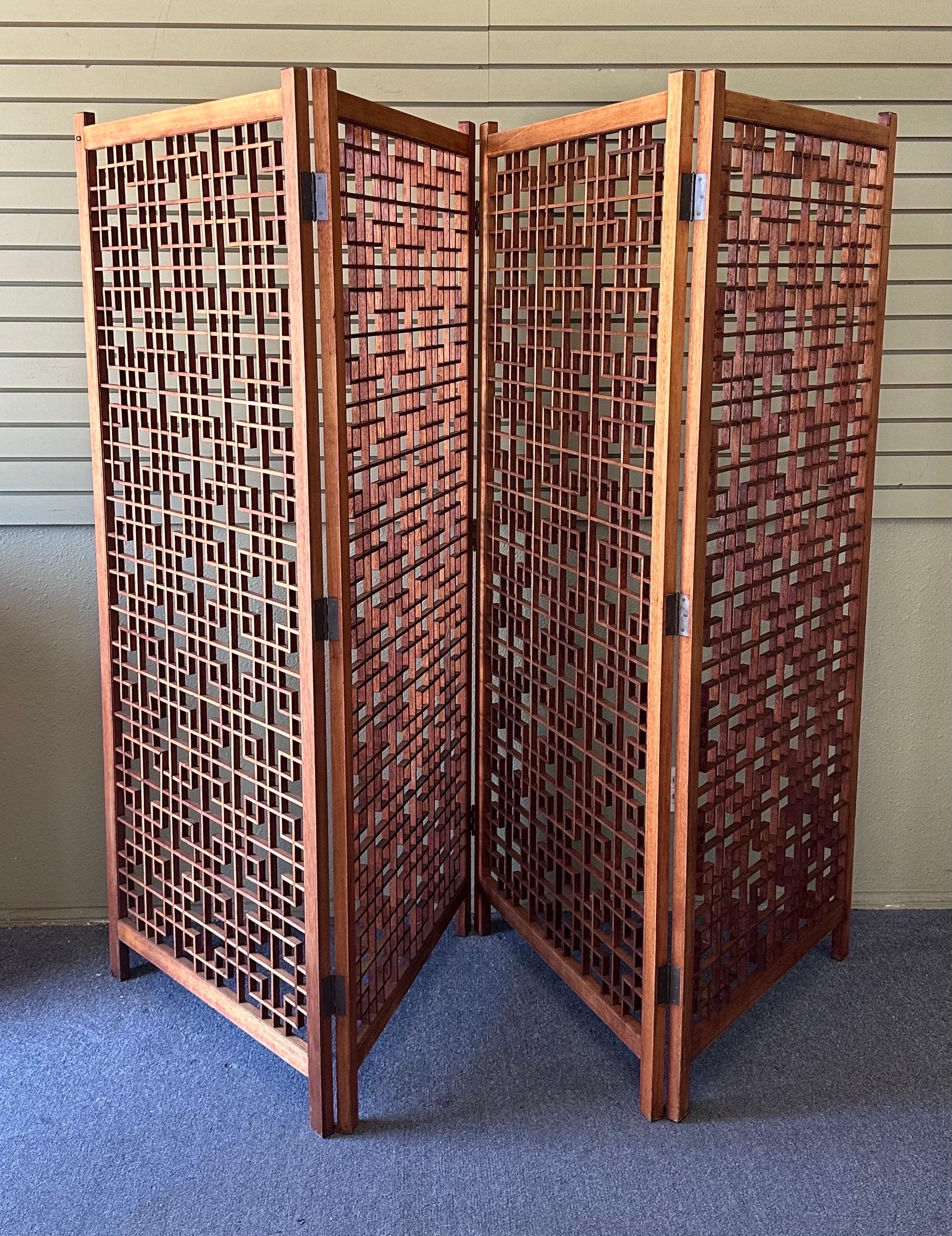 MCM Four Panel Teak Folding Screen with Square Lattice Design - Extra Wide For Sale 1