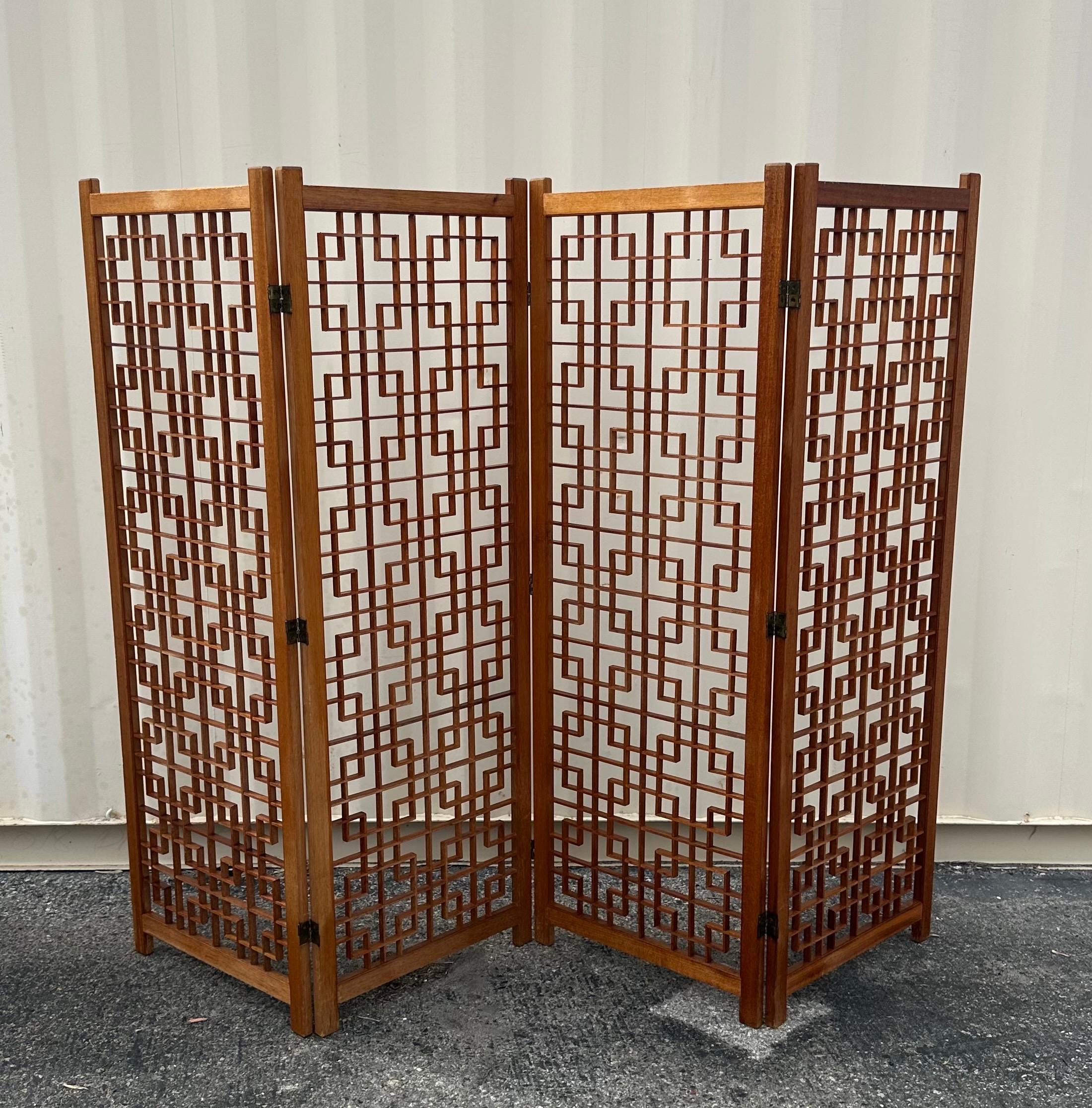 MCM Four Panel Teak Folding Screen with Square Lattice Design For Sale 4