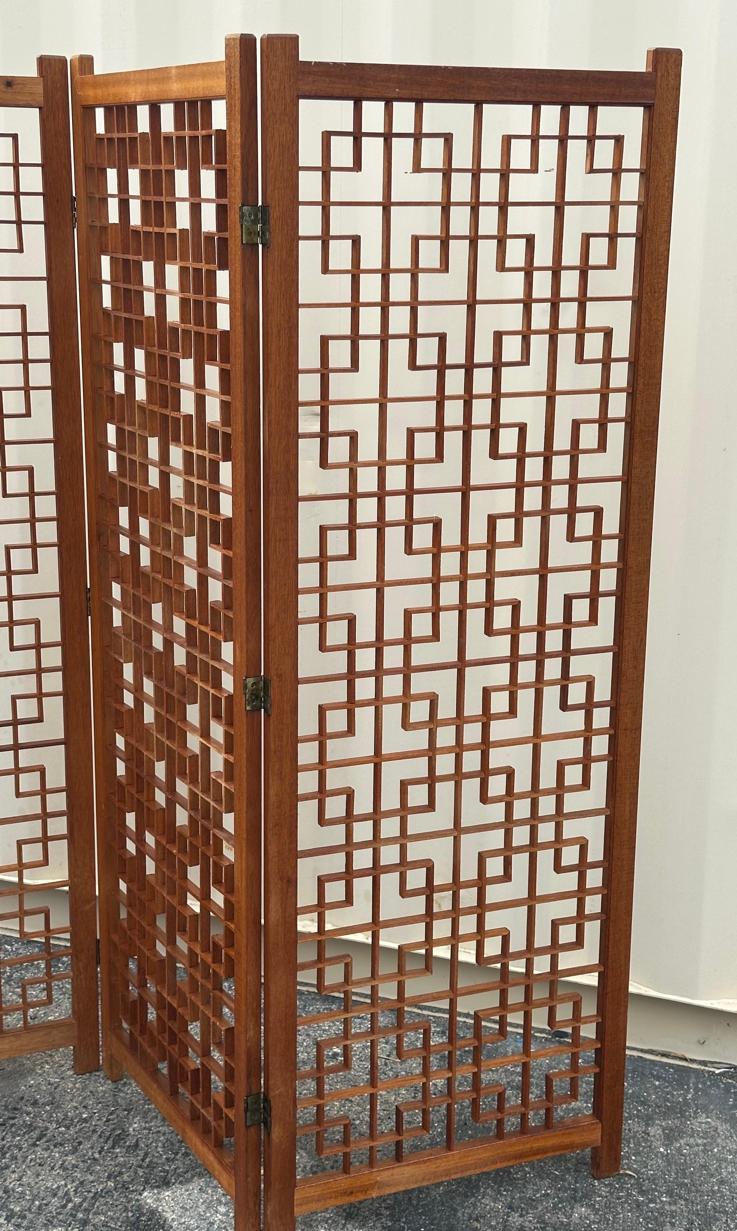 MCM Four Panel Teak Folding Screen with Square Lattice Design For Sale 5