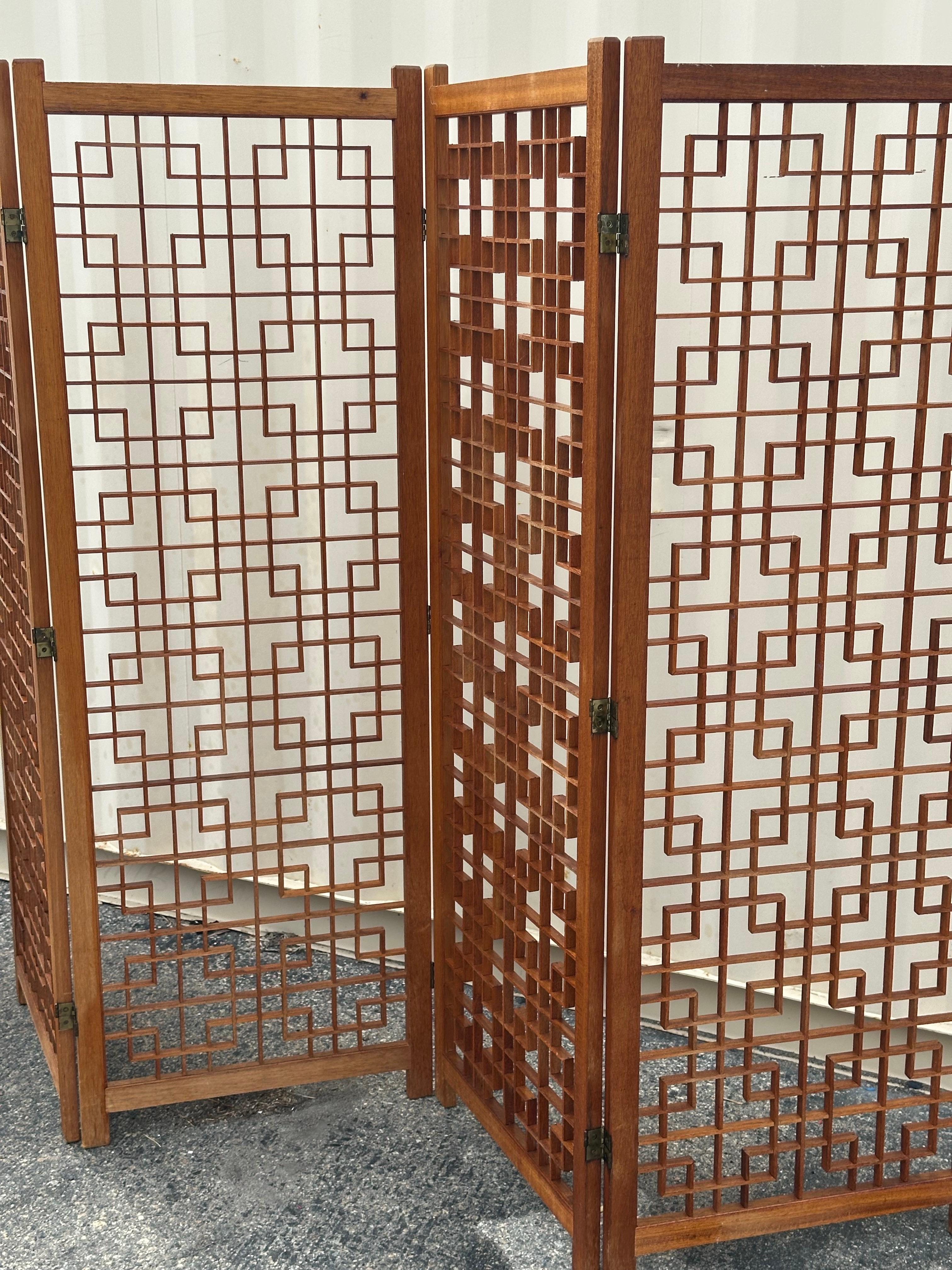 MCM Four Panel Teak Folding Screen with Square Lattice Design For Sale 6