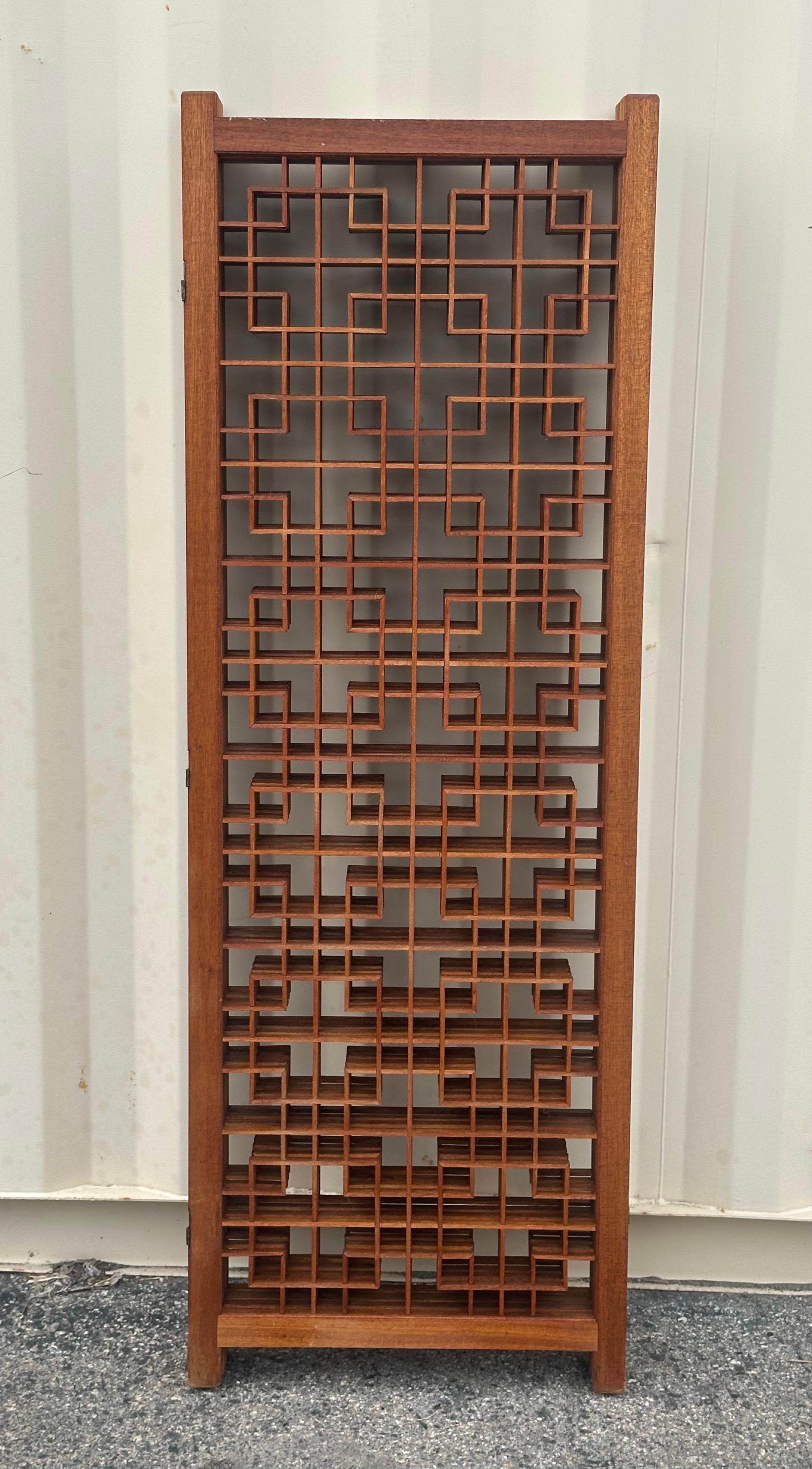 MCM Four Panel Teak Folding Screen with Square Lattice Design For Sale 7