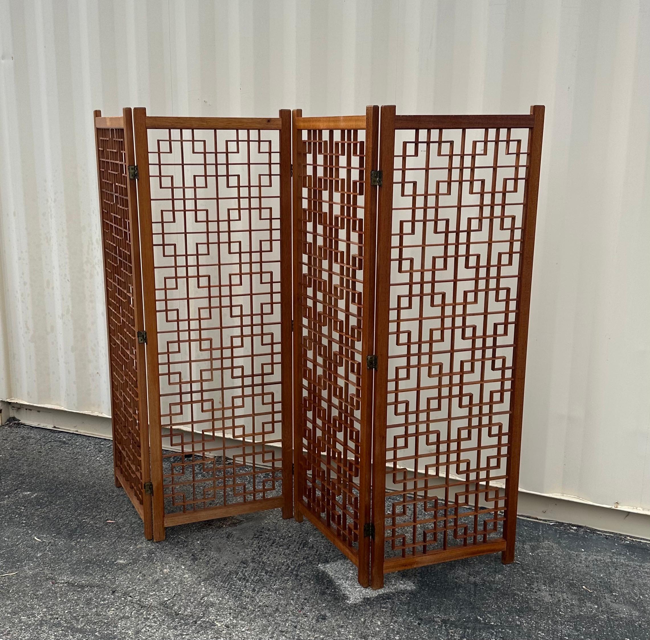 MCM Four Panel Teak Folding Screen with Square Lattice Design For Sale 8