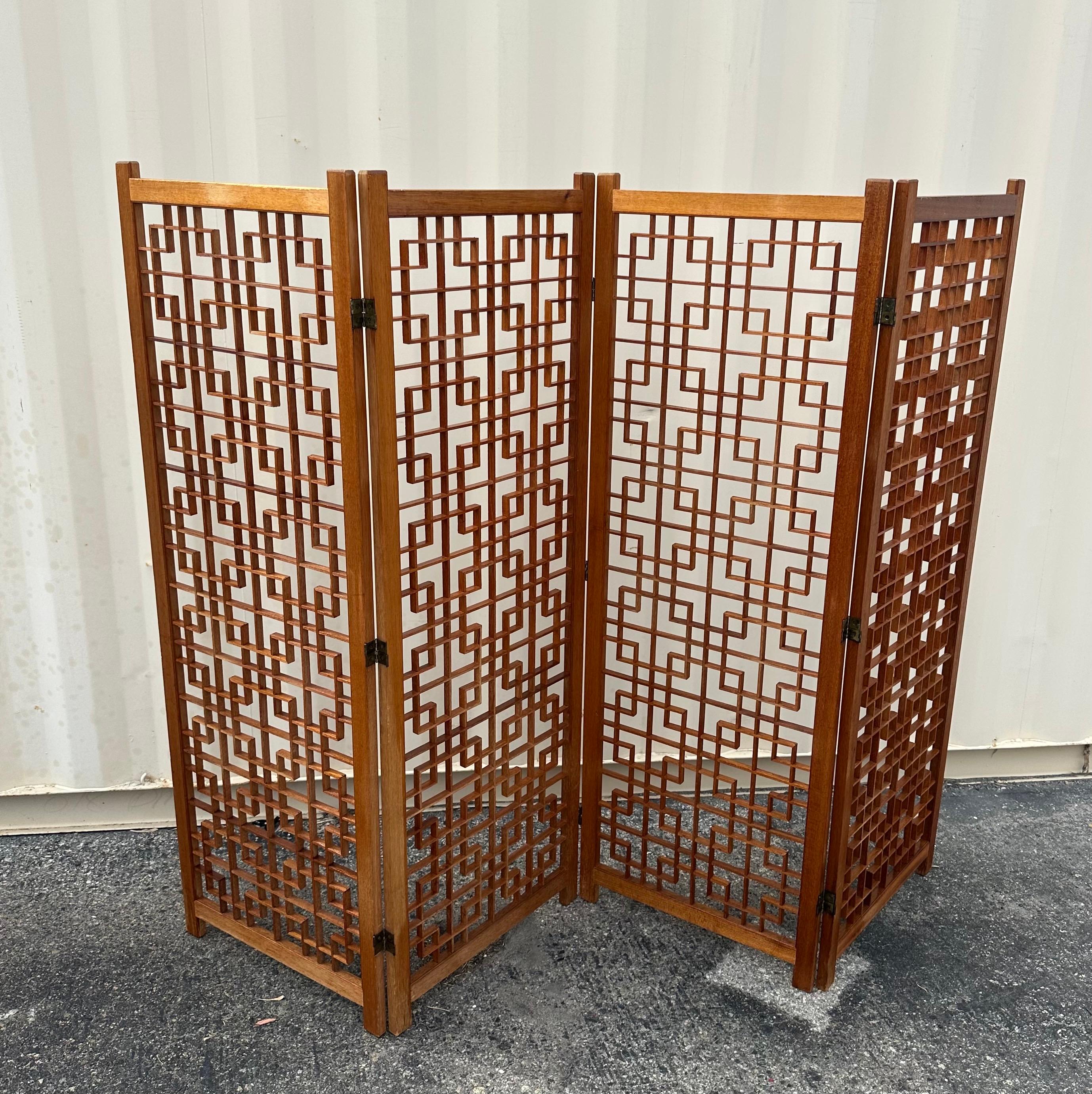 MCM Four Panel Teak Folding Screen with Square Lattice Design For Sale 9