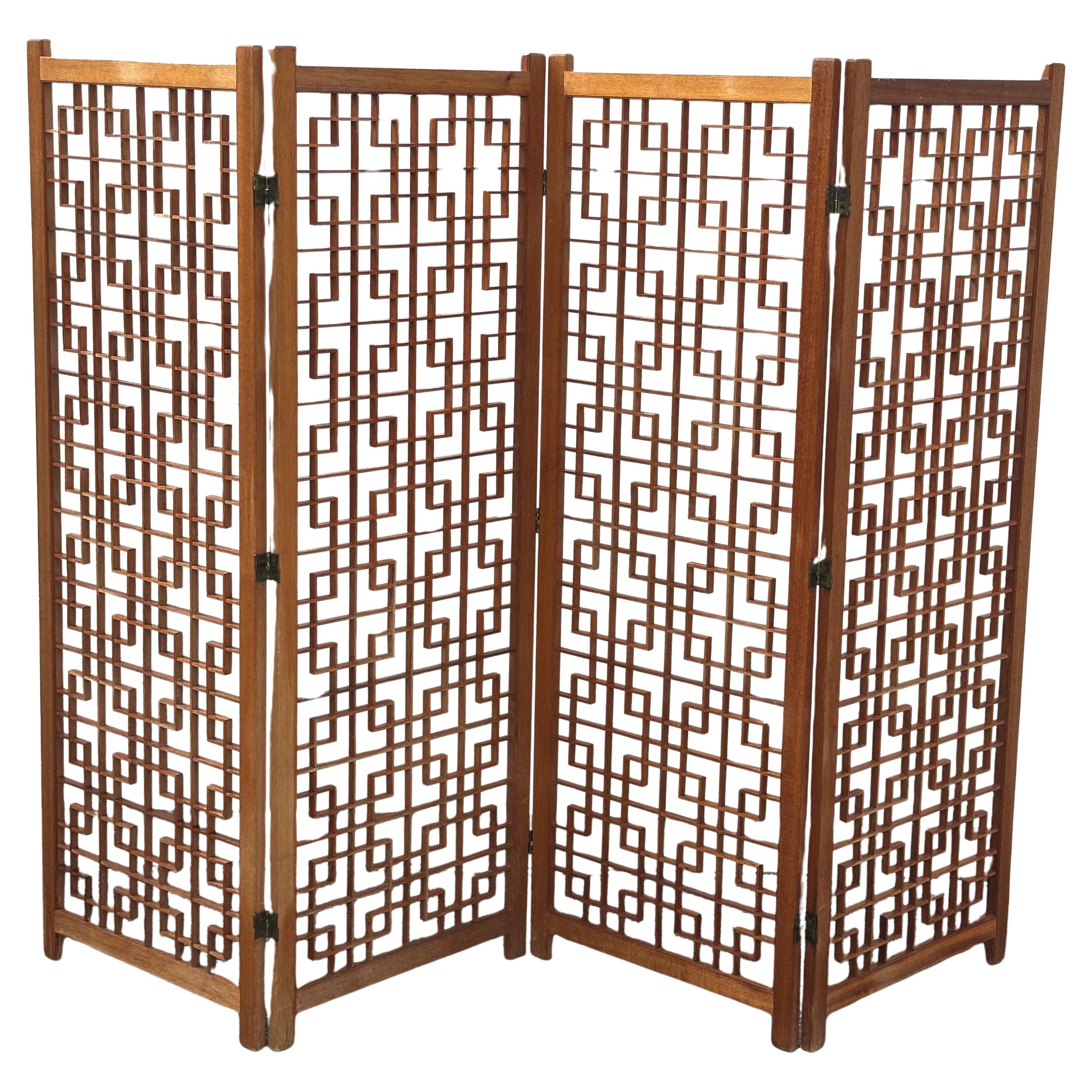 MCM Four Panel Teak Folding Screen with Square Lattice Design For Sale 10