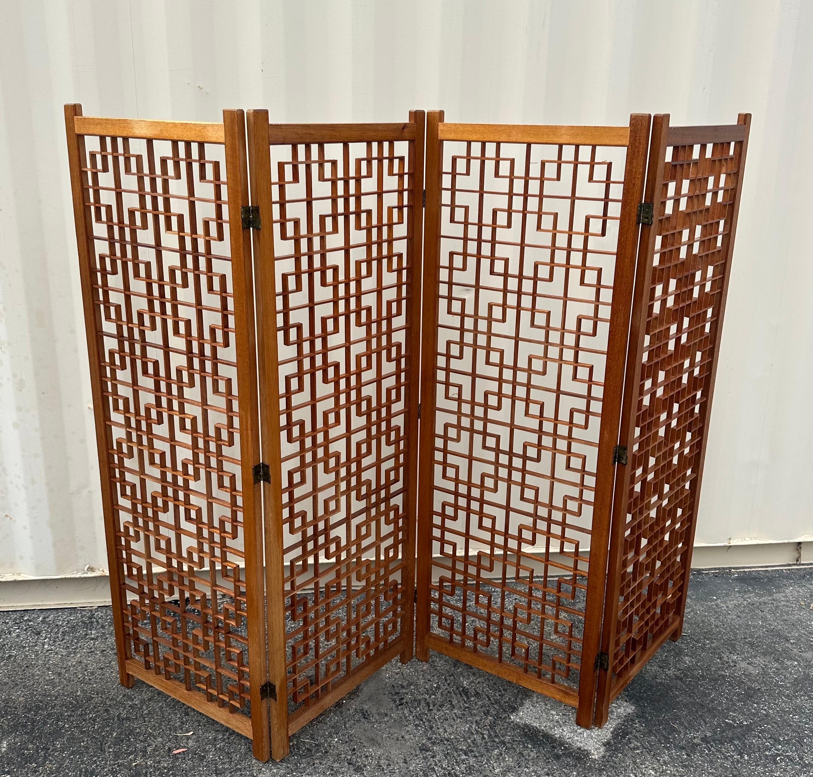 MCM Four Panel Teak Folding Screen with Square Lattice Design For Sale 11