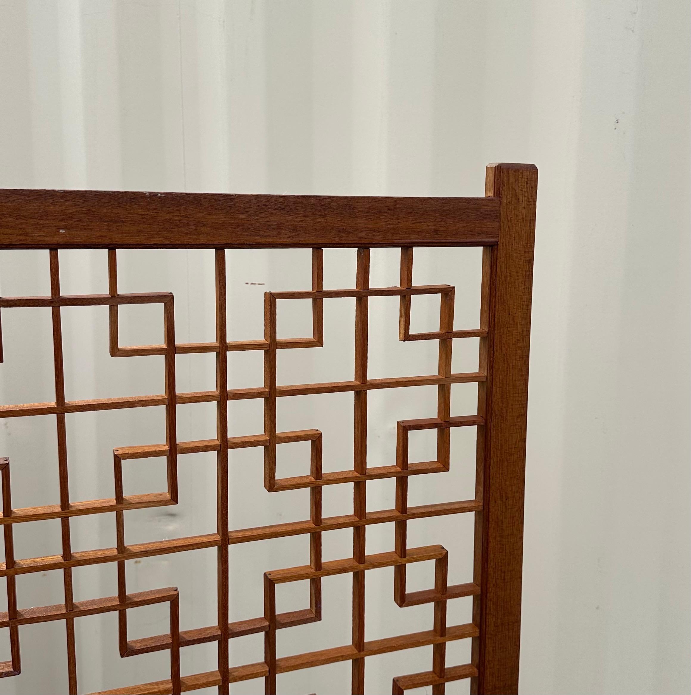 MCM Four Panel Teak Folding Screen with Square Lattice Design For Sale 12