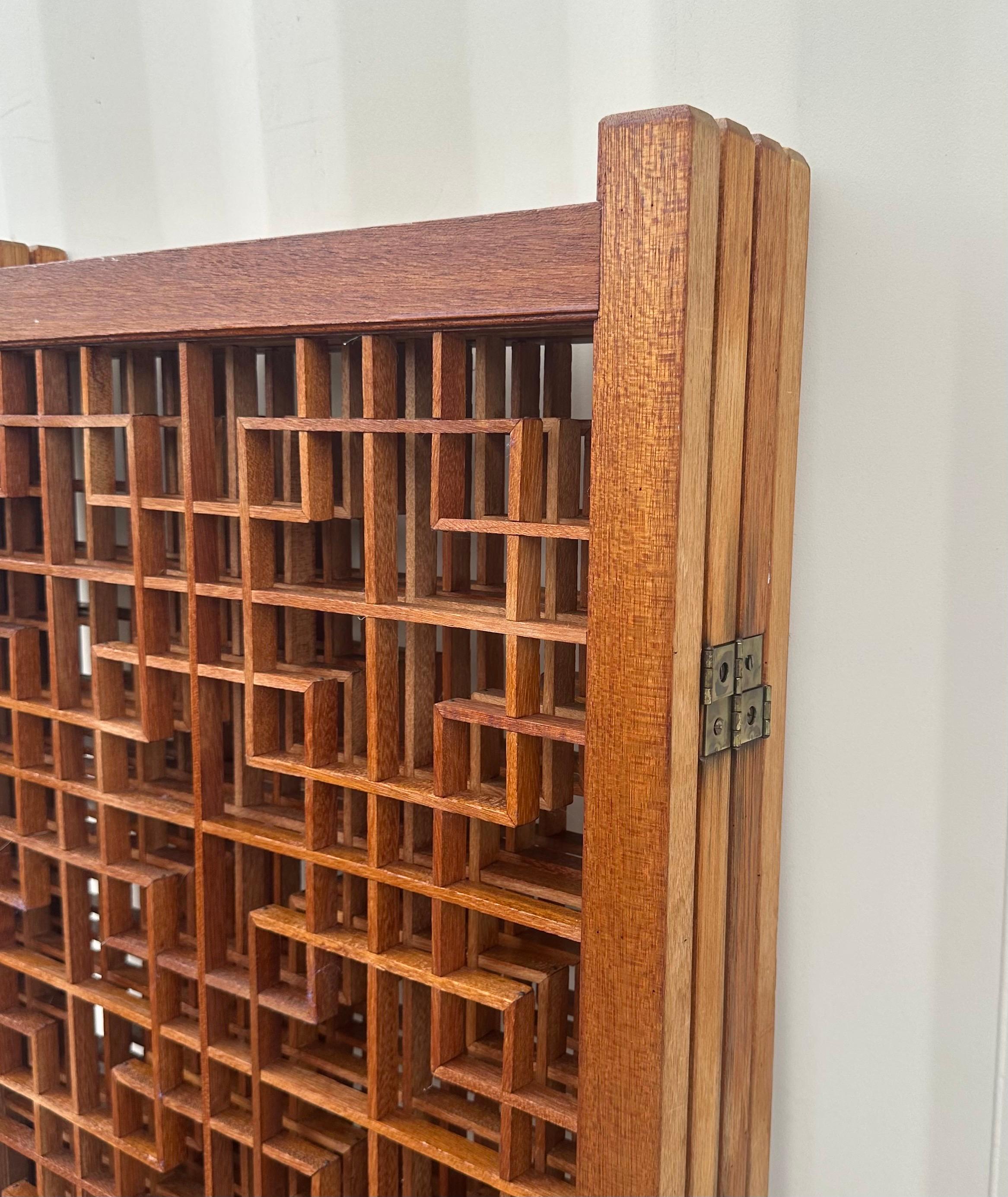 MCM Four Panel Teak Folding Screen with Square Lattice Design For Sale 13