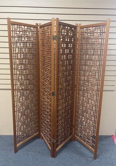 MCM Four Panel Teak Folding Screen with Square Lattice Design