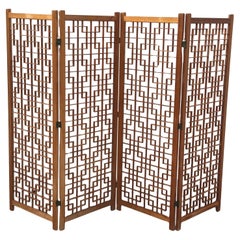 MCM Four Panel Teak Folding Screen with Square Lattice Design