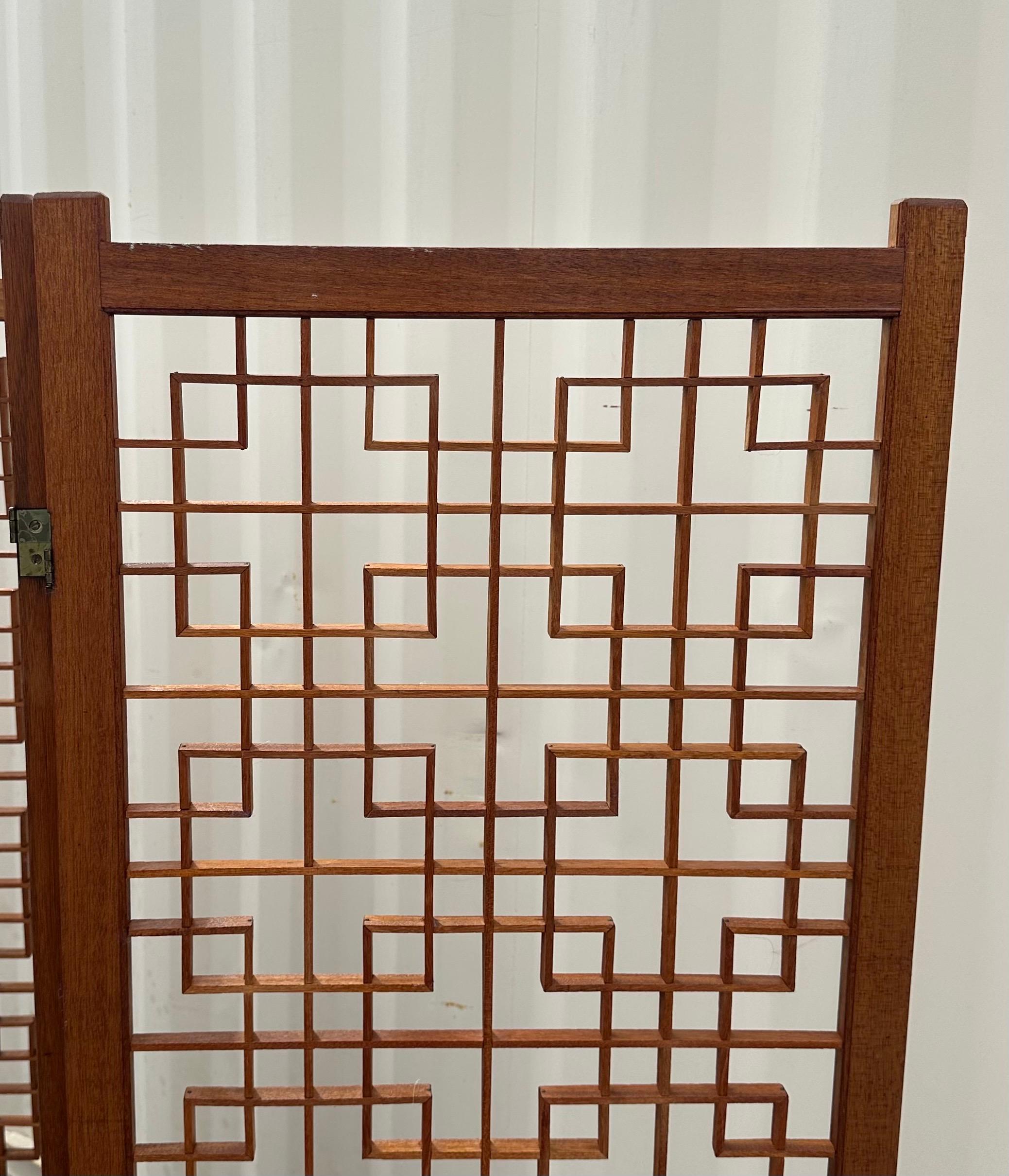 MCM Four Panel Teak Folding Screen with Square Lattice Design For Sale 14