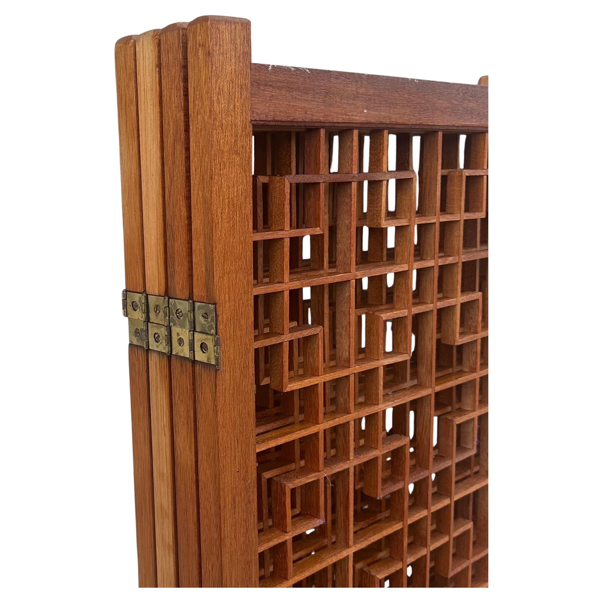 Mid-Century Modern MCM Four Panel Teak Folding Screen with Square Lattice Design For Sale