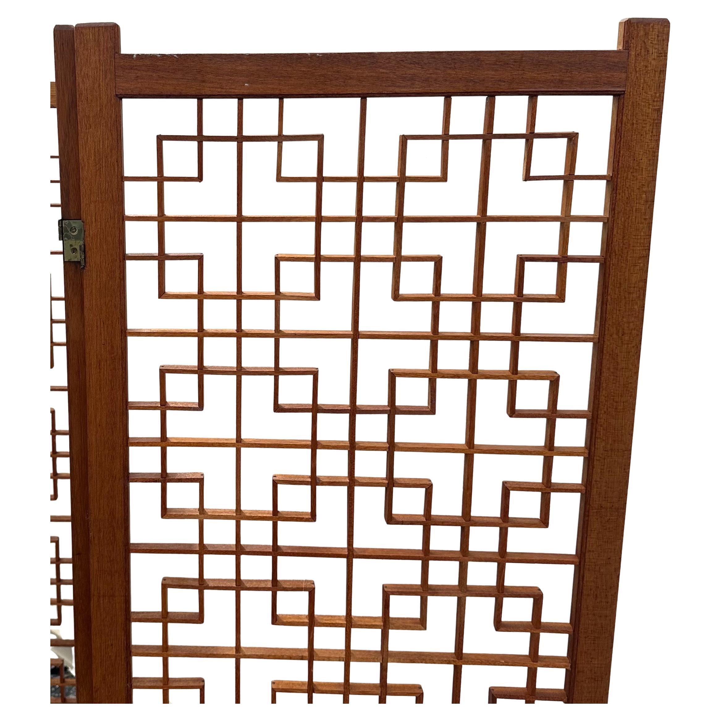 Thai MCM Four Panel Teak Folding Screen with Square Lattice Design For Sale