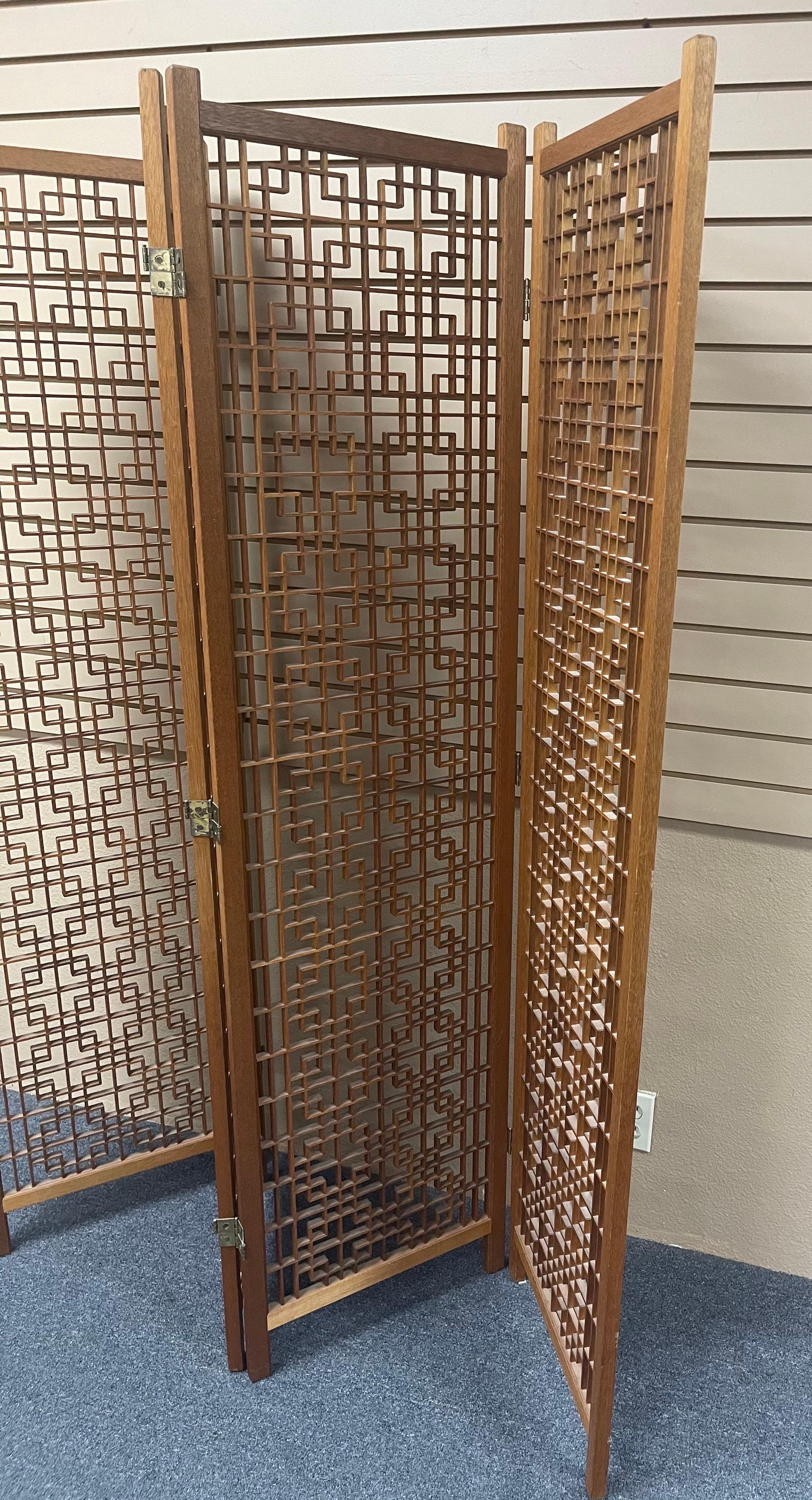 Mid-Century Modern MCM Four Panel Teak Folding Screen with Square Lattice Design