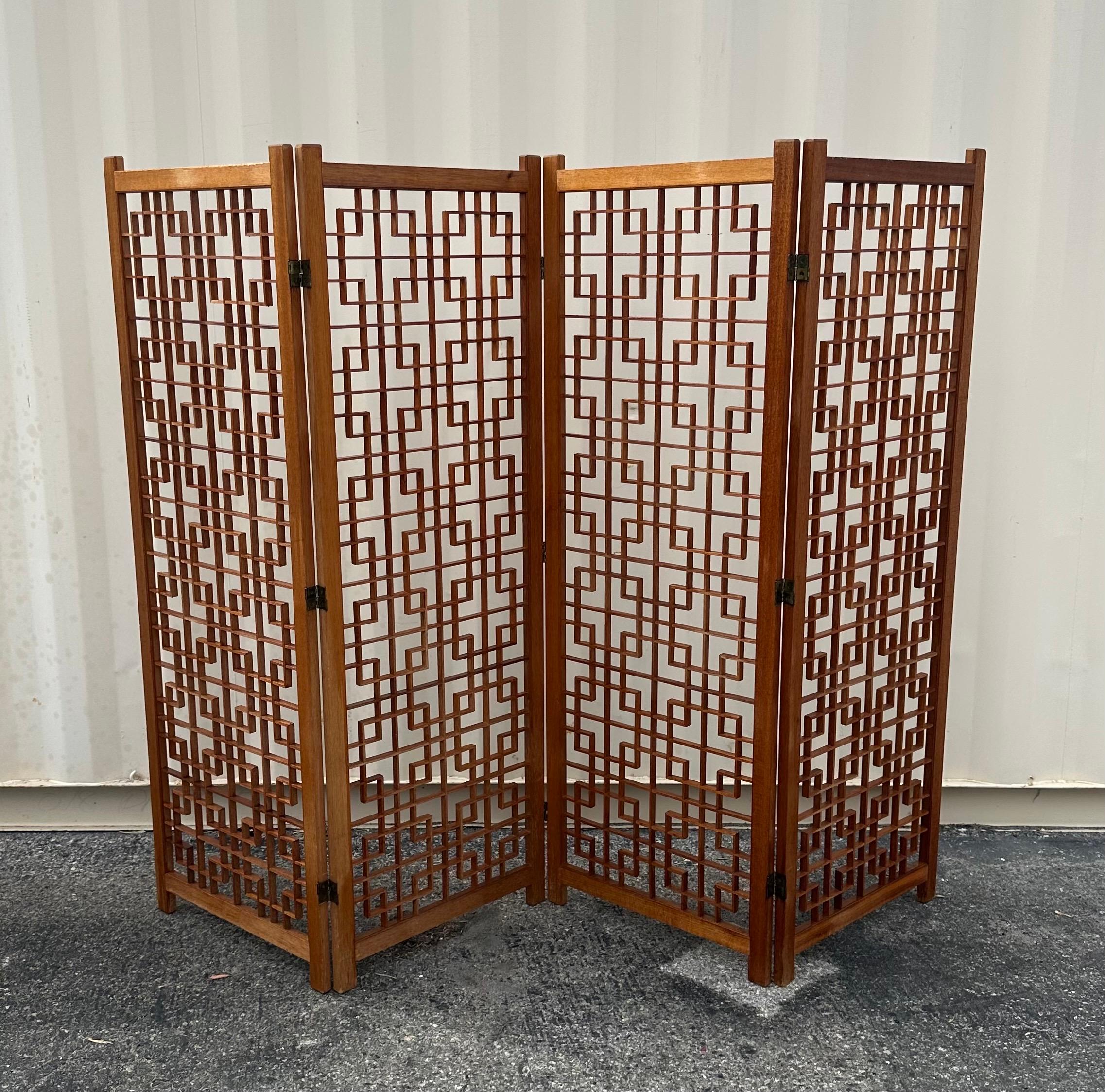 20th Century MCM Four Panel Teak Folding Screen with Square Lattice Design For Sale