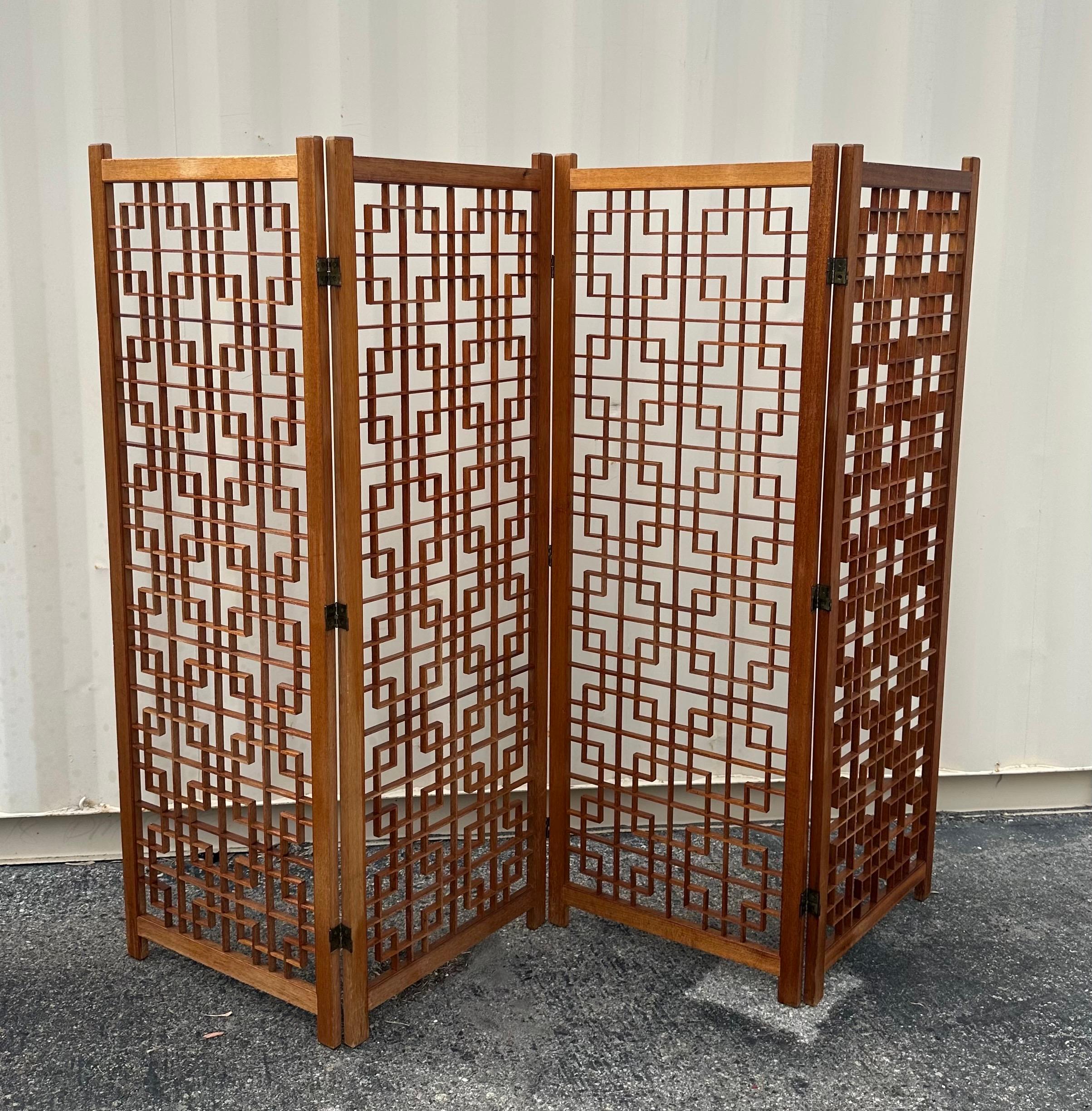 MCM Four Panel Teak Folding Screen with Square Lattice Design For Sale 1