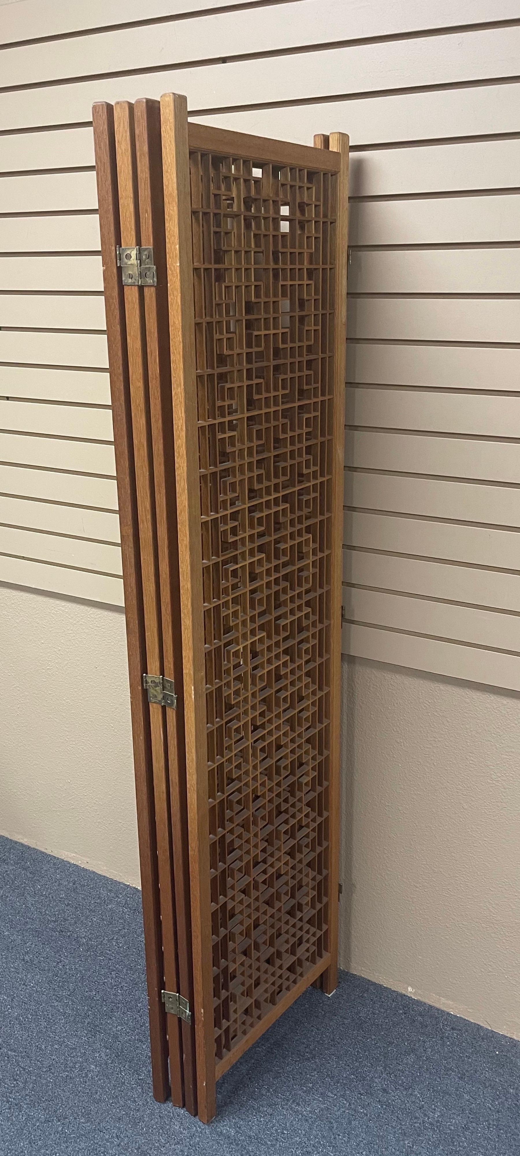 MCM Four Panel Teak Folding Screen with Square Lattice Design In Good Condition In San Diego, CA