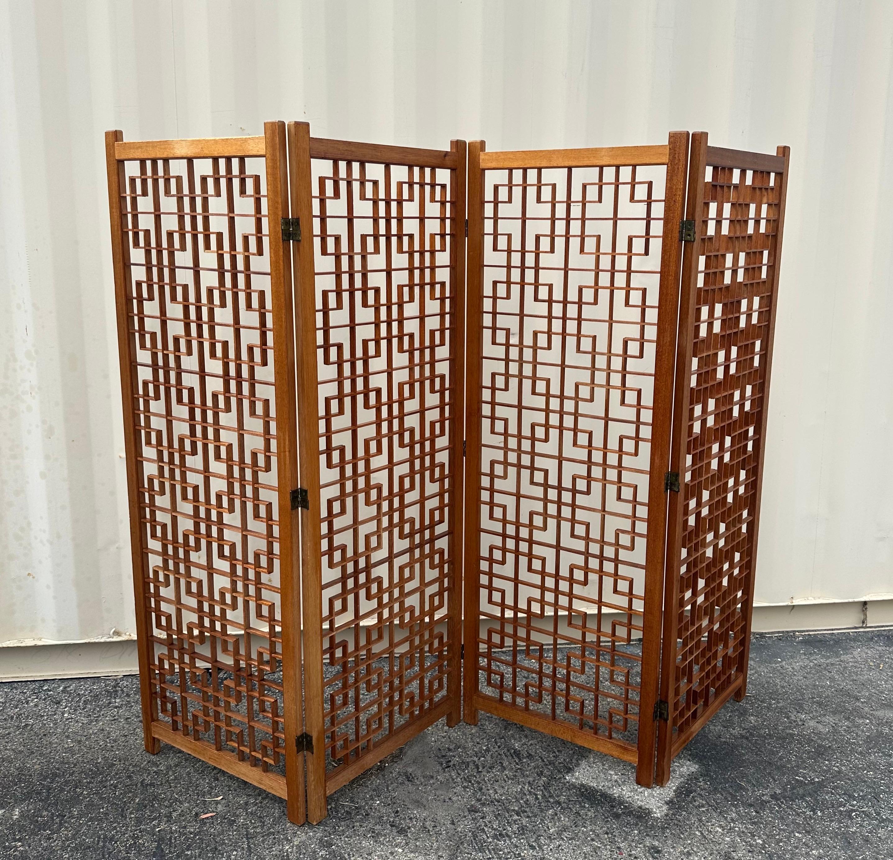 MCM Four Panel Teak Folding Screen with Square Lattice Design For Sale 2