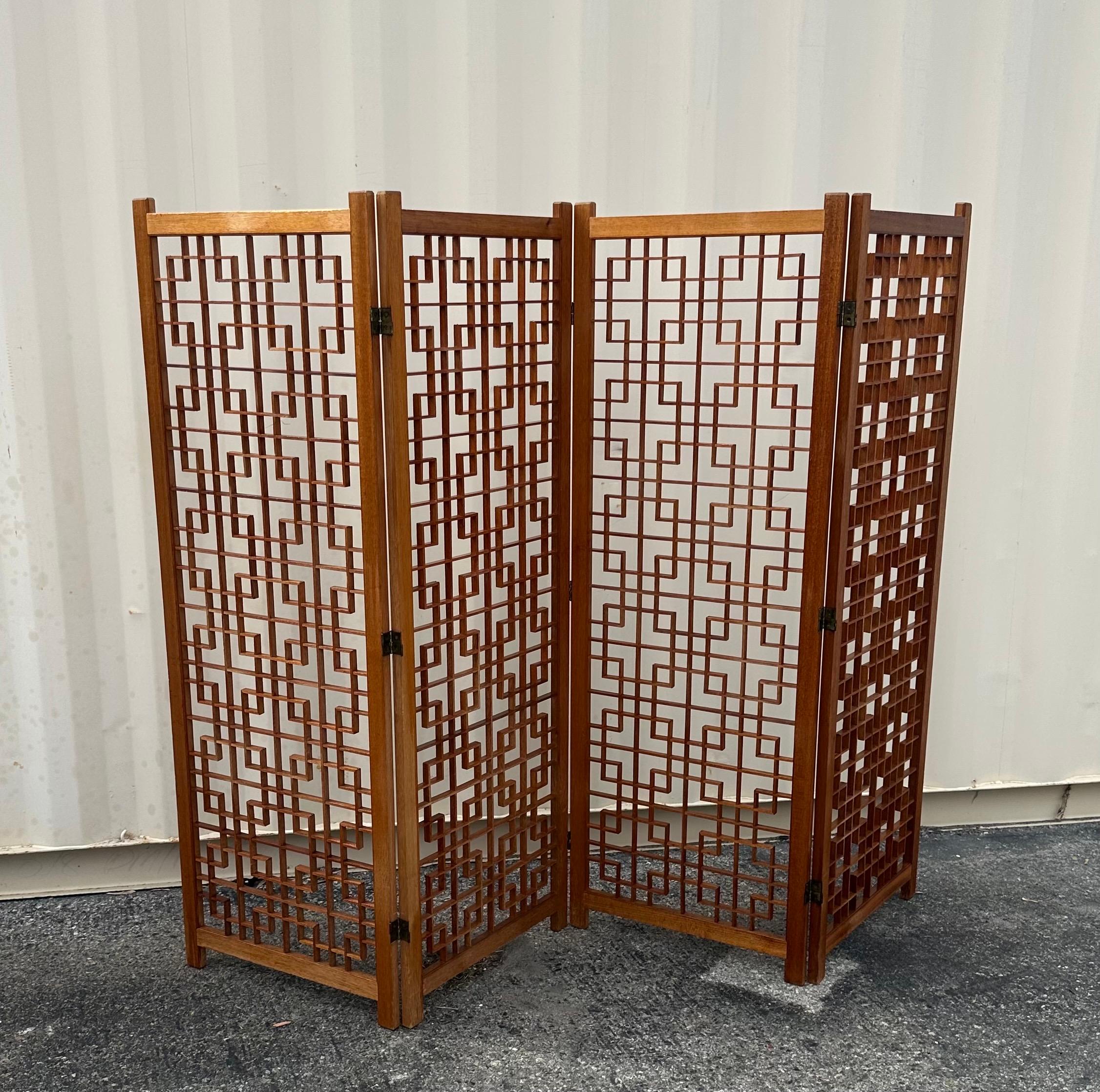 MCM Four Panel Teak Folding Screen with Square Lattice Design For Sale 3