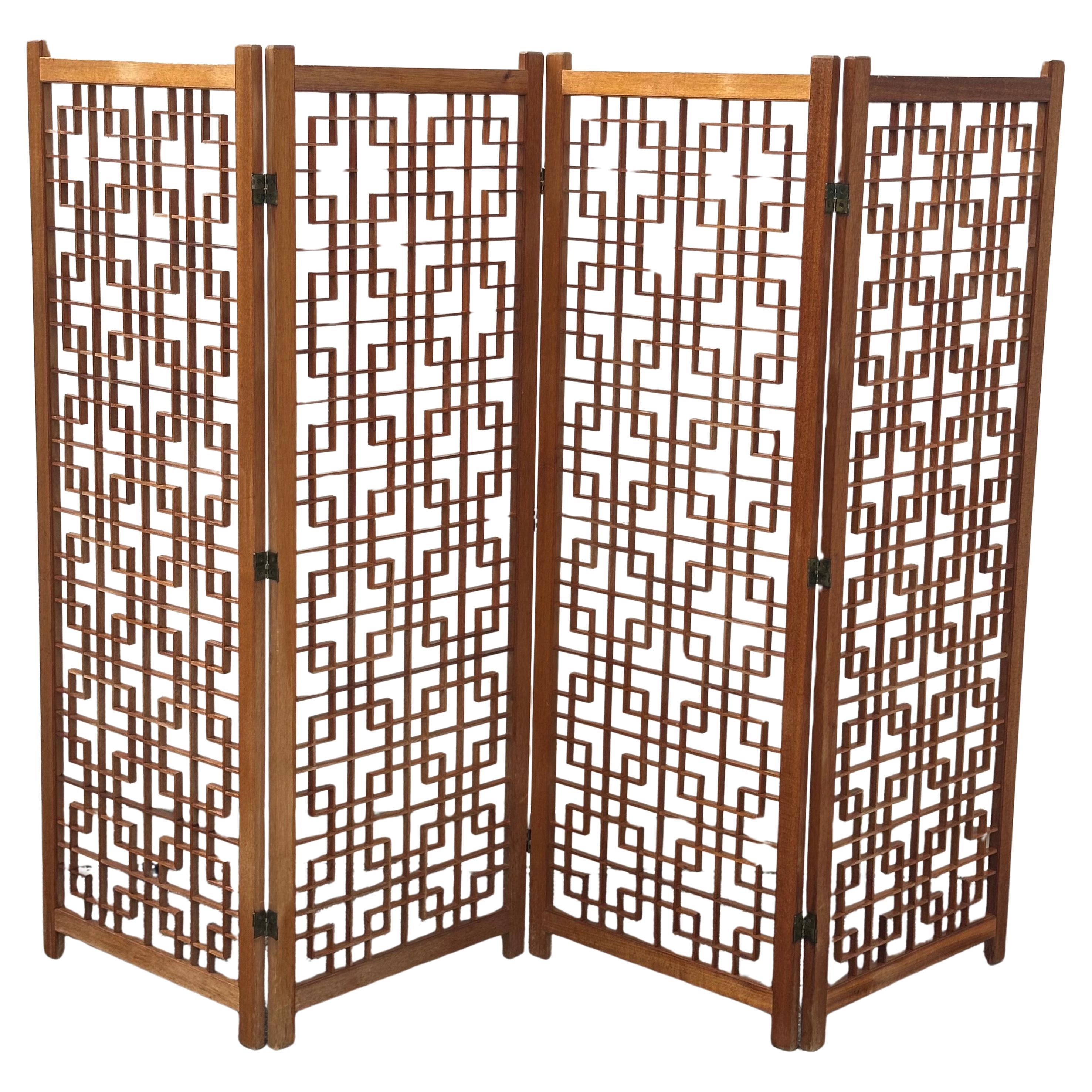 MCM Four Panel Teak Folding Screen with Square Lattice Design