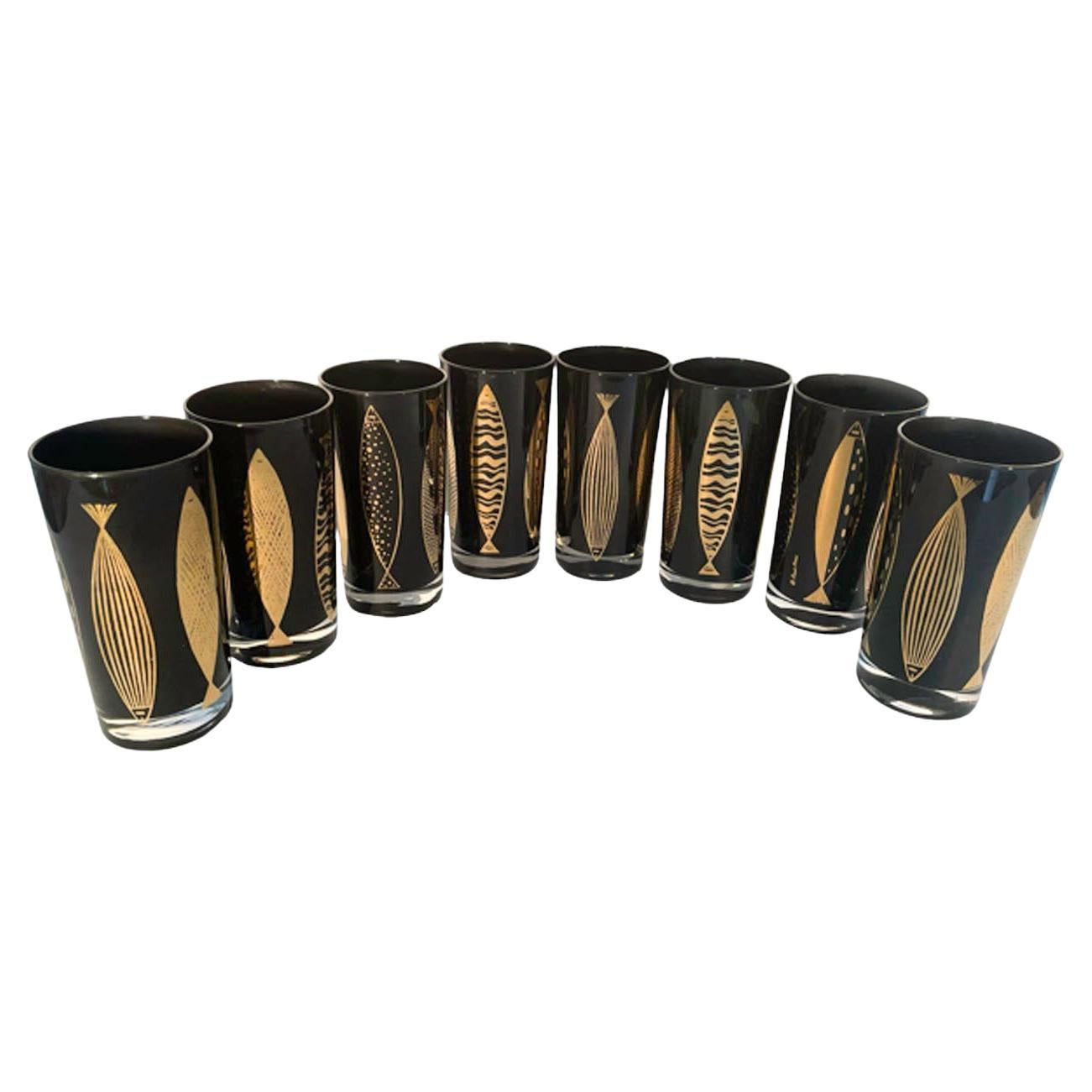 MCM, Fred Press "Gold Fish" Highball Glasses, 22 Karat Gold on Black Frosted For Sale