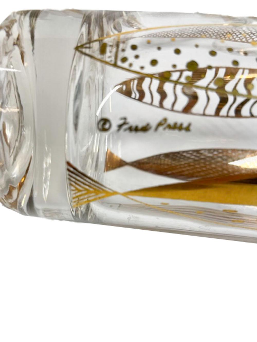 Américain MCM, Fred Press - Verres longs « poissons dorés », or 22 carats sur verre transparent