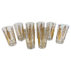 MCM, Fred Press "Gold Fish" Highball Glasses, 22 Karat Gold on Clear Glass