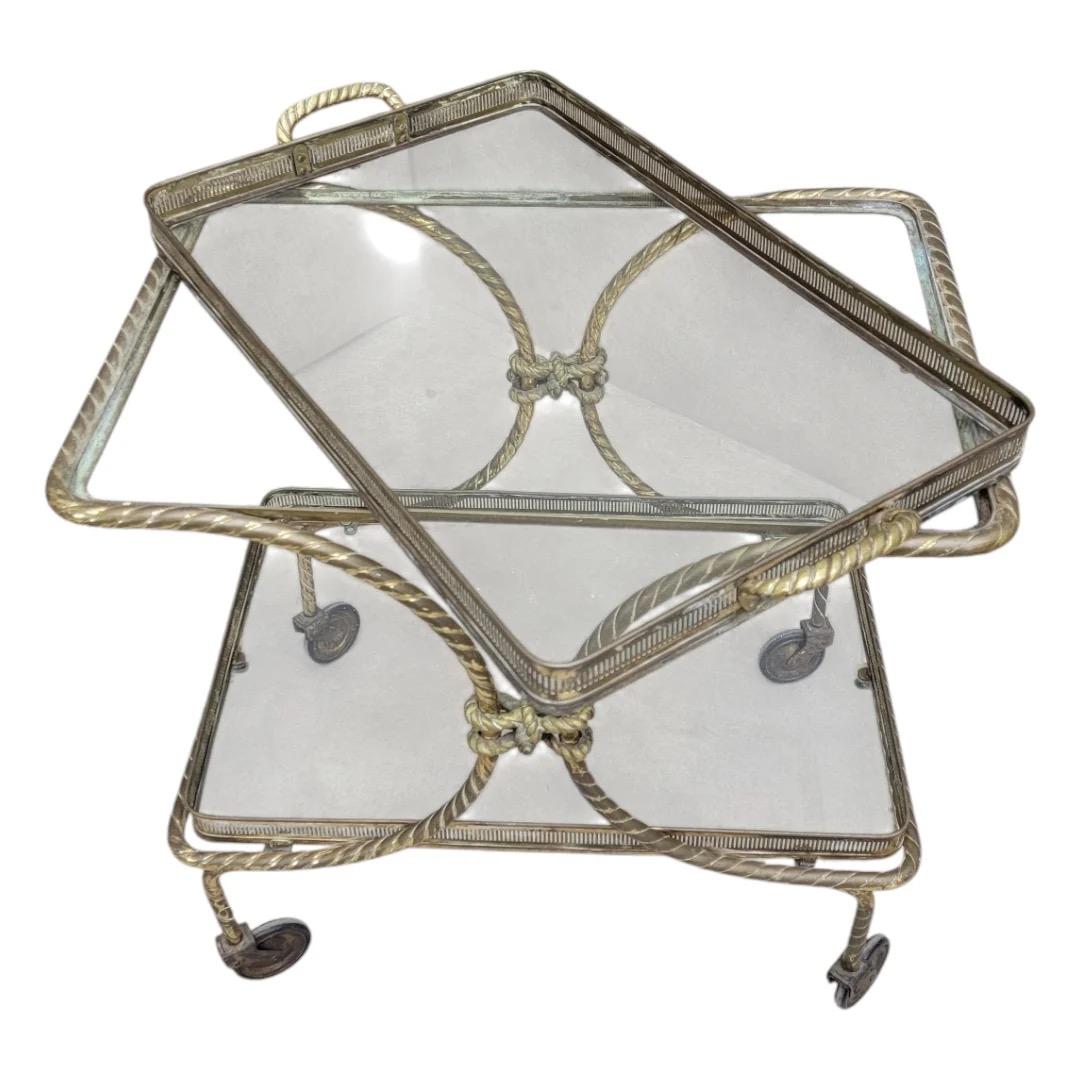 Unknown Mcm French Bagues Style Brass Rope Bar Cart On Wheels With Removable Tray For Sale
