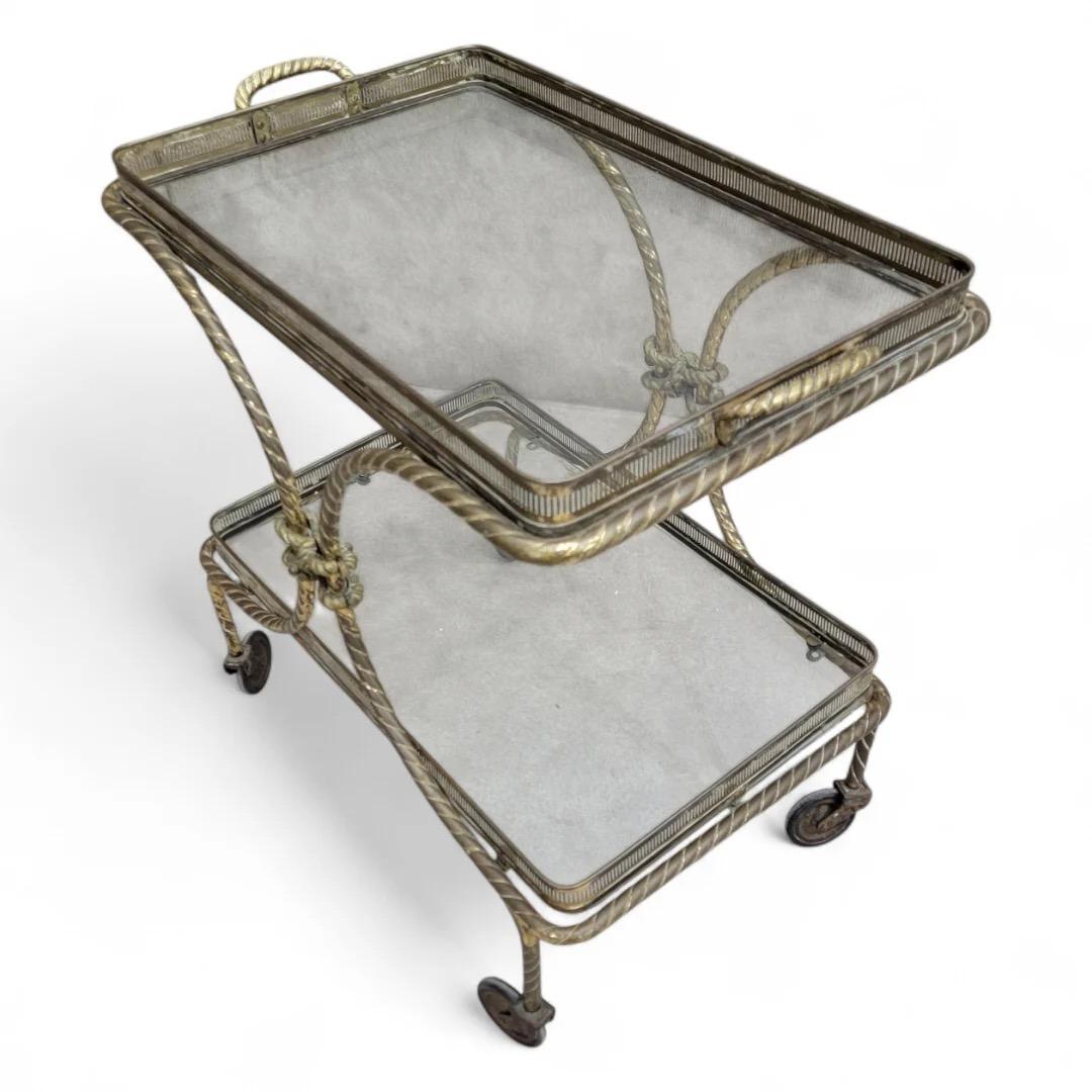 20th Century Mcm French Bagues Style Brass Rope Bar Cart On Wheels With Removable Tray For Sale