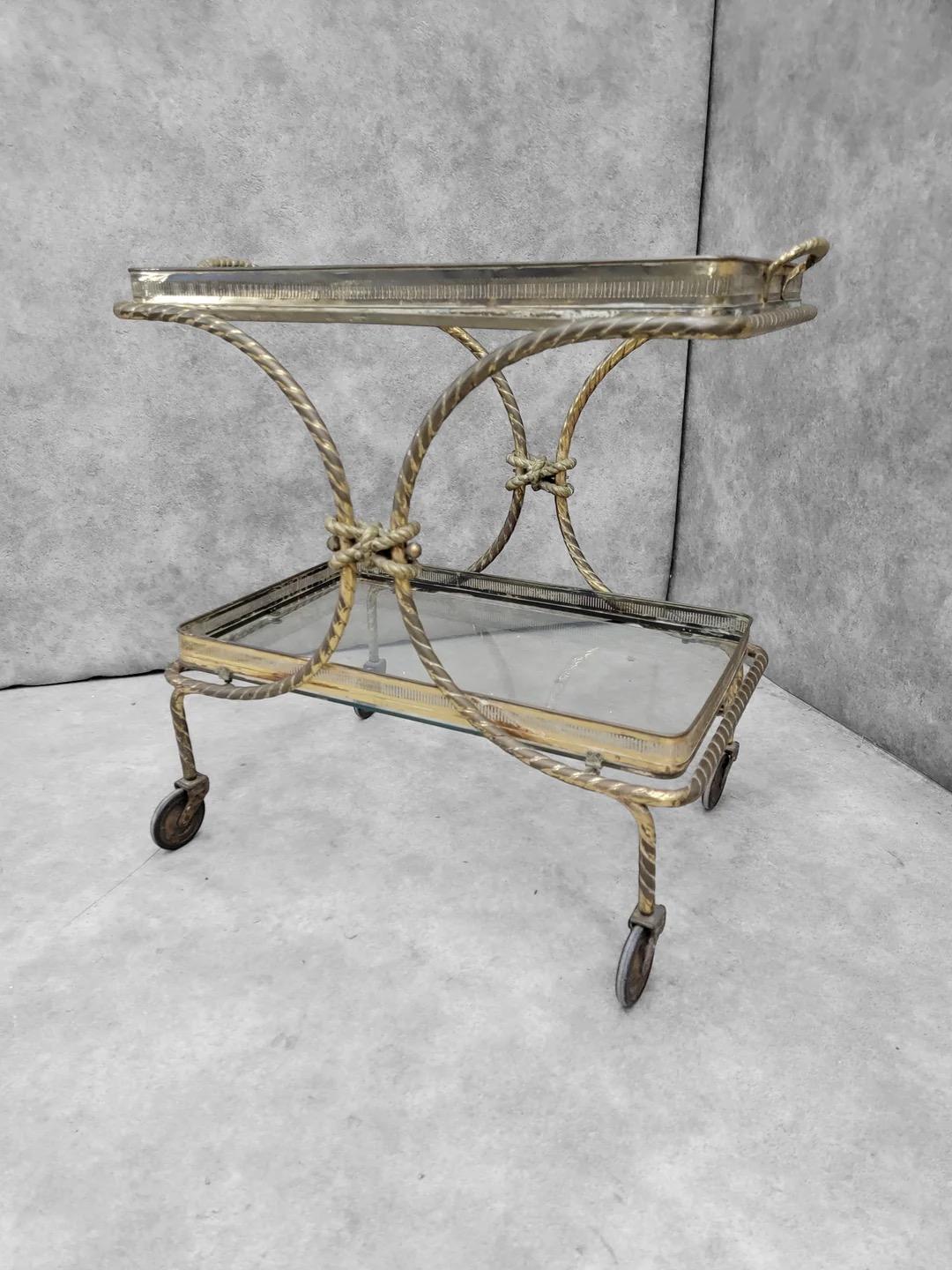 Mcm French Bagues Style Brass Rope Bar Cart On Wheels With Removable Tray For Sale 1