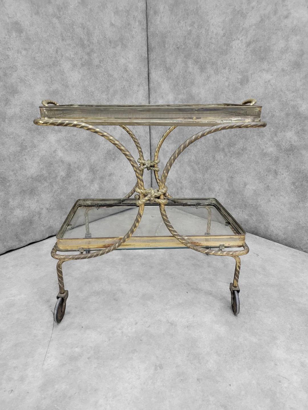 Mcm French Bagues Style Brass Rope Bar Cart On Wheels With Removable Tray For Sale 2