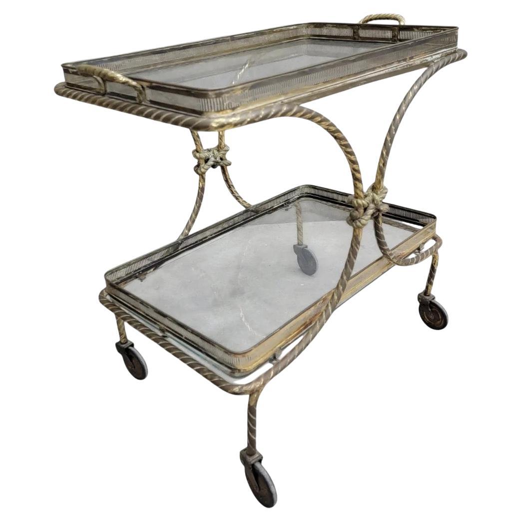 MCM Carrello da bar in corda d'ottone in stile francese Bagues con ruote e vassoio rimovibile