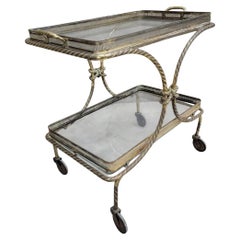 Mcm French Bagues Style Brass Rope Bar Cart On Wheels With Removable Tray